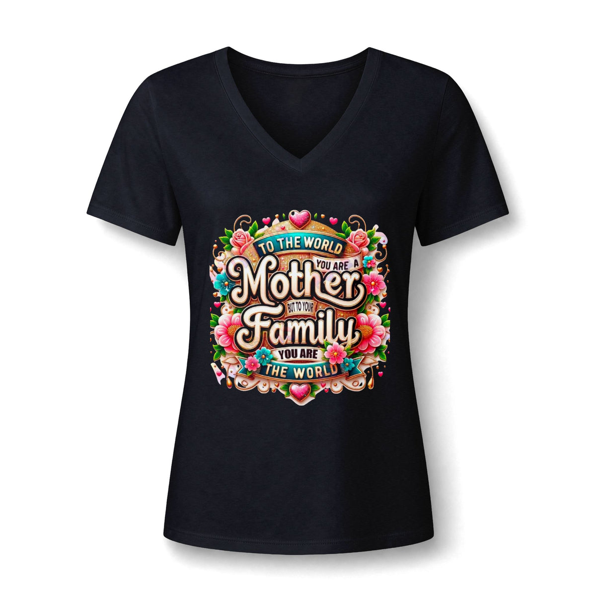 Mother of the Family V-Neck Tee – "To the World You Are a Mother" Floral Gift Shirt