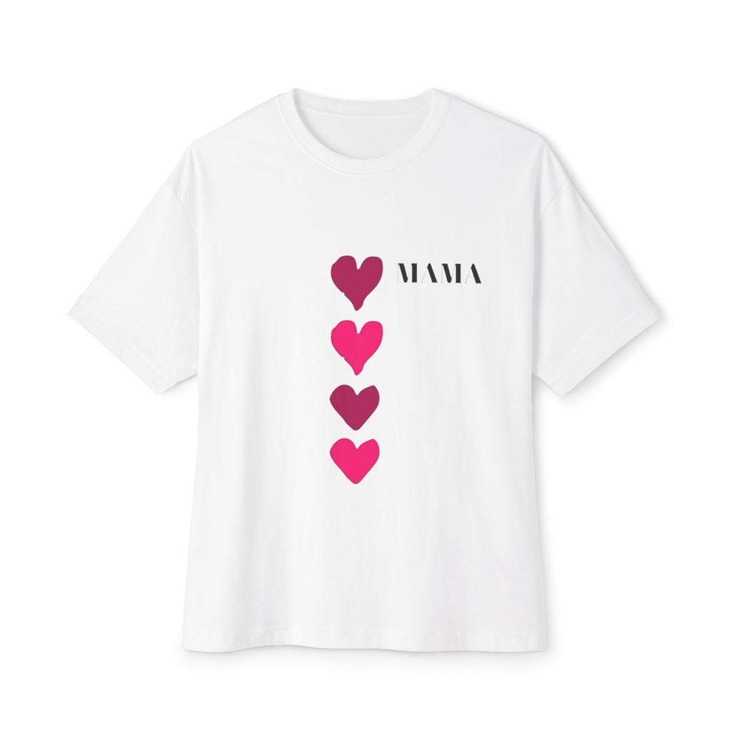 Oversized cotton Mom Bear Heart T-shirt with vertical M O M text and cartoon bear holding a heart