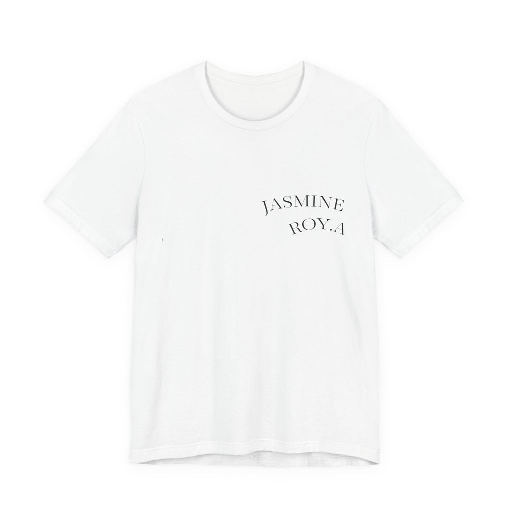 Jasmine Royal chest logo T-shirt in white with small front chest print and lightweight unisex cotton fit