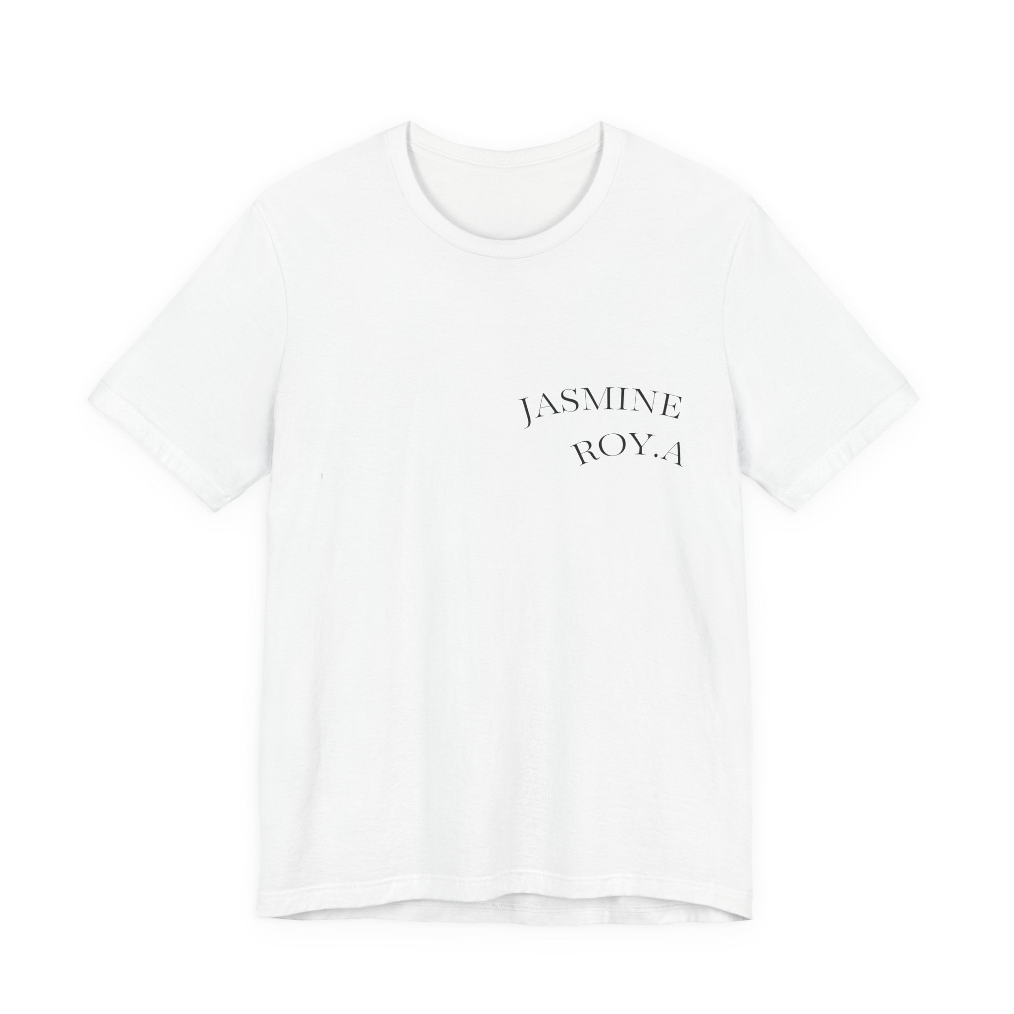 Jasmine Royal chest logo T-shirt in white with small front chest print and lightweight unisex cotton fit