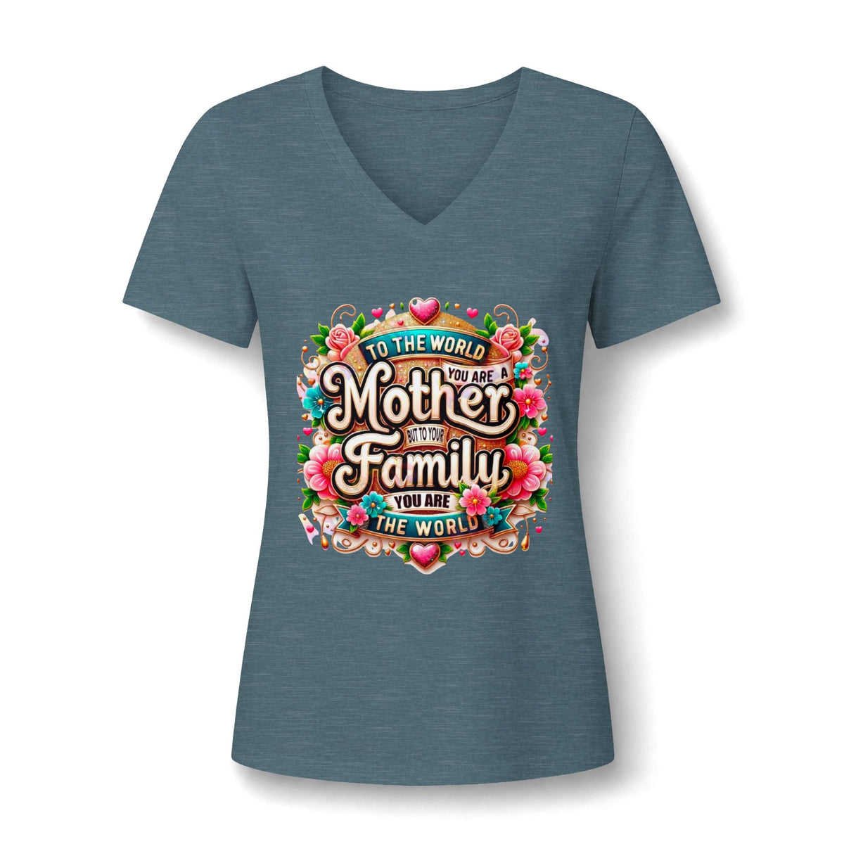 Mother of the Family V-Neck Tee – "To the World You Are a Mother" Floral Gift Shirt