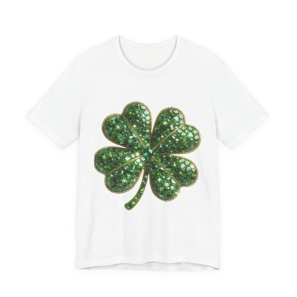 Shimmering Green Four-Leaf Clover T-Shirt with emerald clover chest graphic on a lightweight unisex cotton tee
