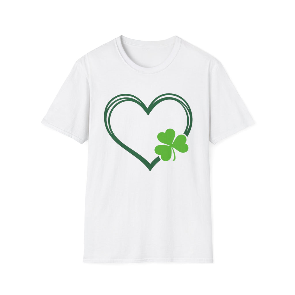Shamrock Heart T-Shirt with hand-drawn heart outline and bright green clover on soft unisex cotton tee