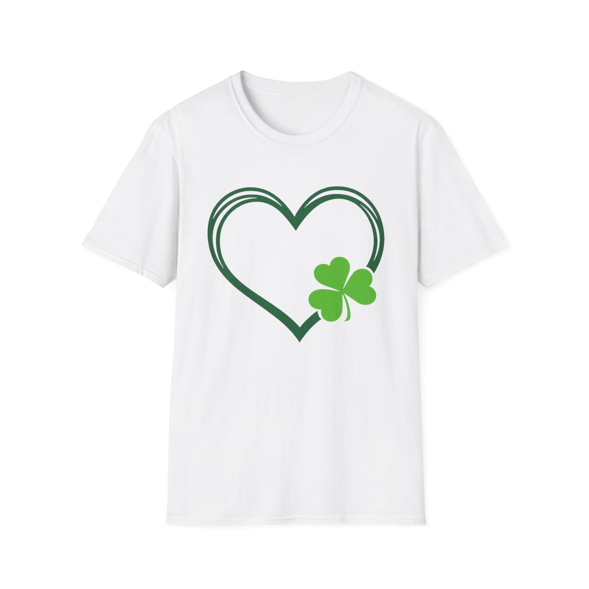 Shamrock Heart T-Shirt with hand-drawn heart outline and bright green clover on soft unisex cotton tee