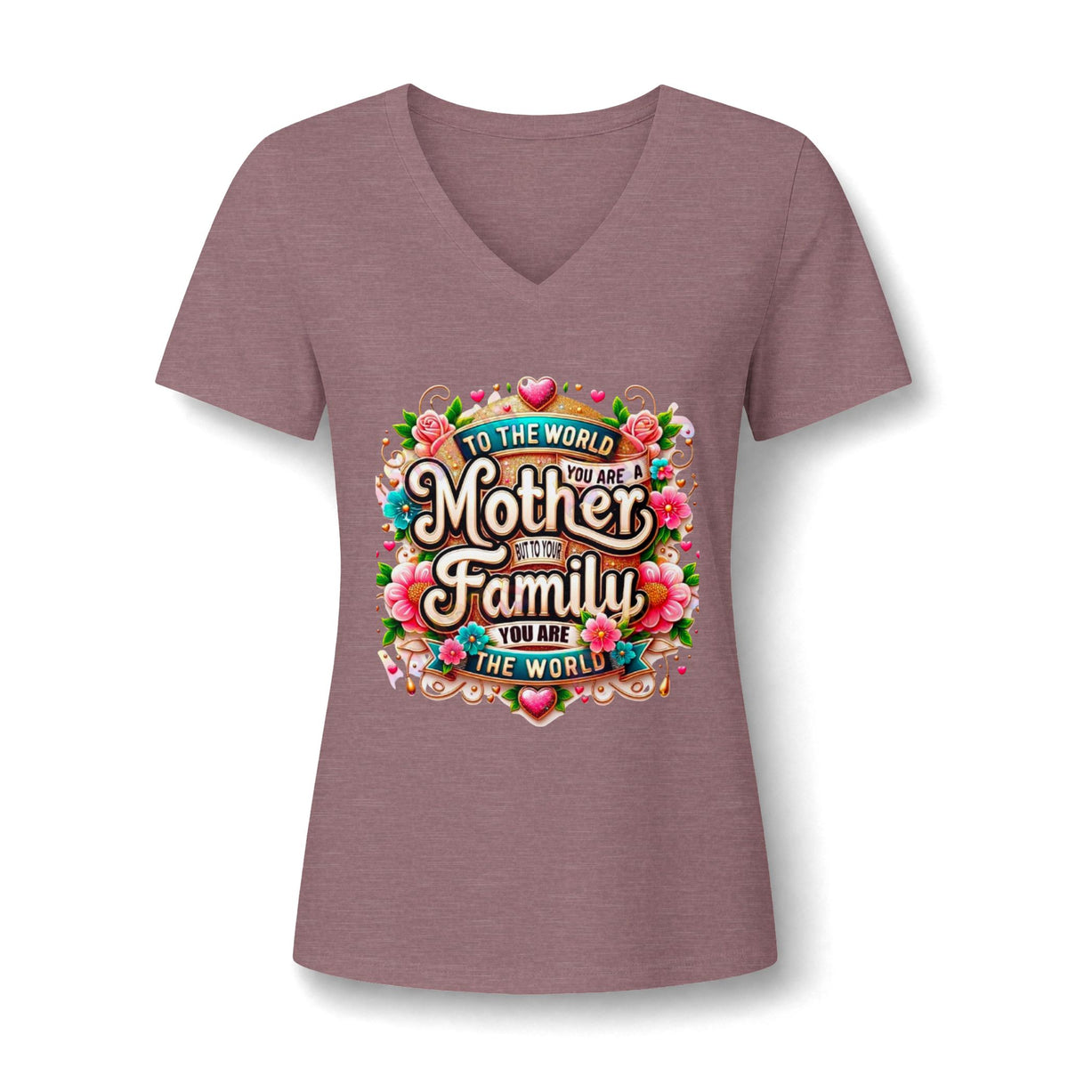 Mother of the Family V-Neck Tee – "To the World You Are a Mother" Floral Gift Shirt