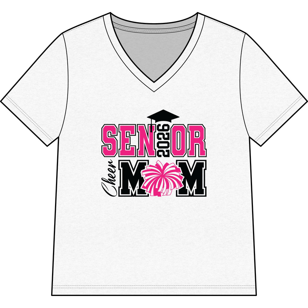 Senior 2026 Cheer Mom V-neck tee with pink pom pom graphic, relaxed fit women's graduation shirt