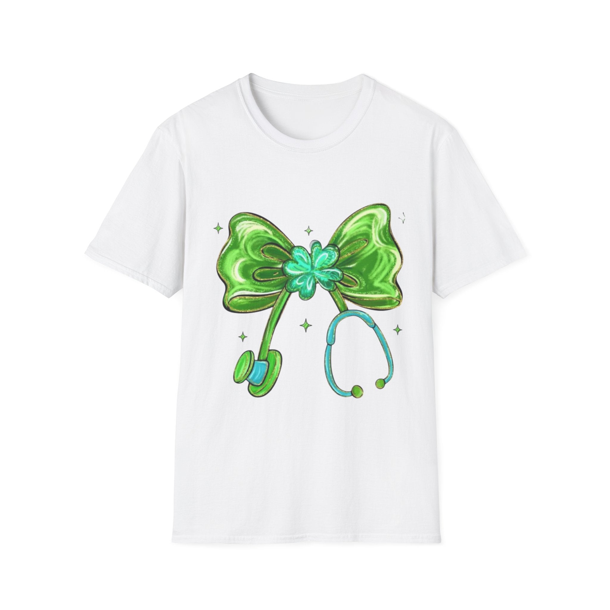 St. Patrick's Nurse Bow T-Shirt with green shamrock and stethoscope design on a unisex cotton tee