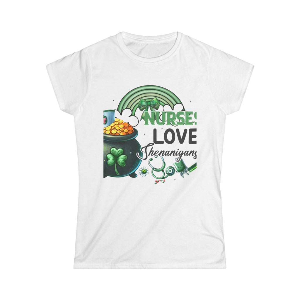 Nurse Love Shenanigans women's white cotton tee with shamrocks, pot of gold, and stethoscope graphic