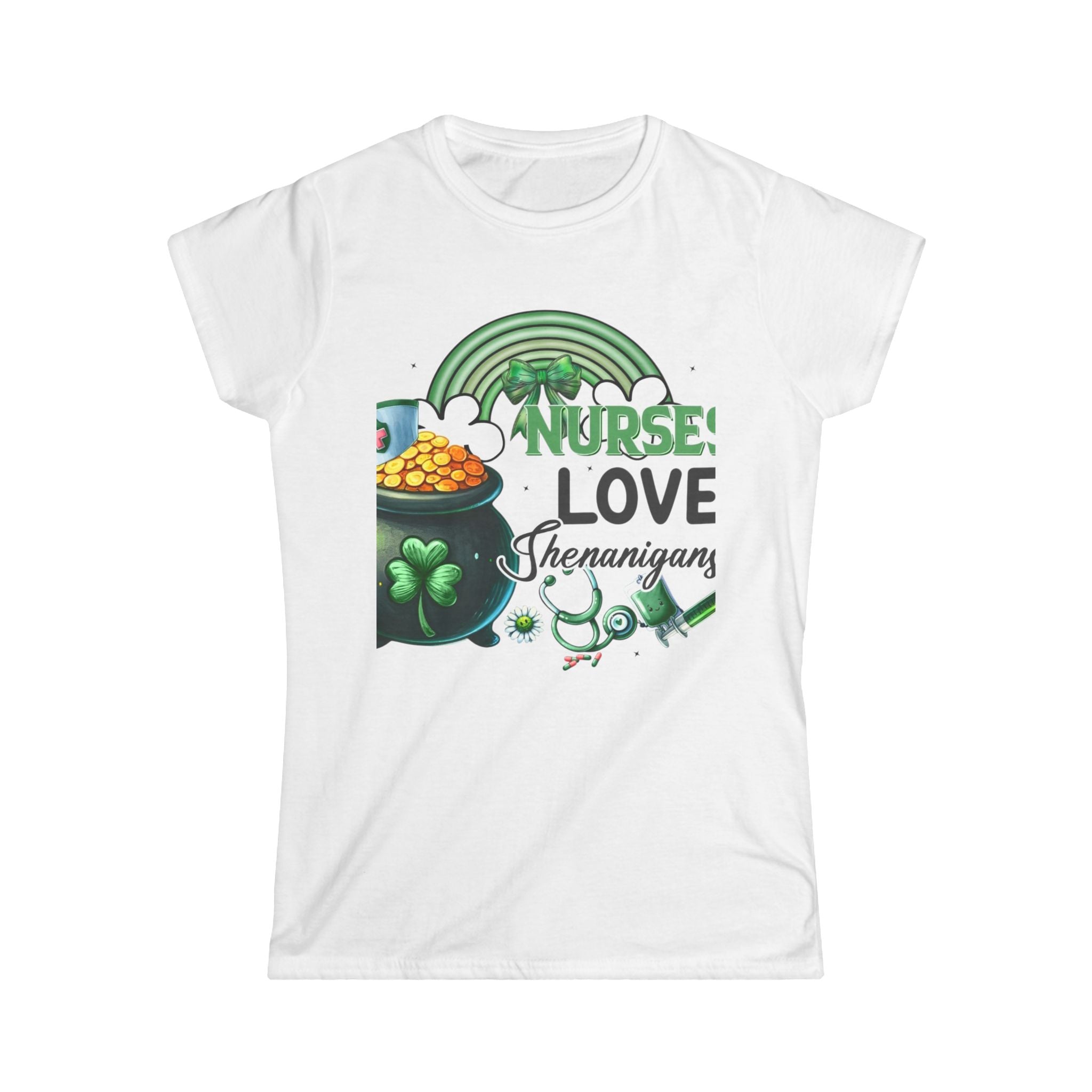 Nurse Love Shenanigans women's white cotton tee with shamrocks, pot of gold, and stethoscope graphic