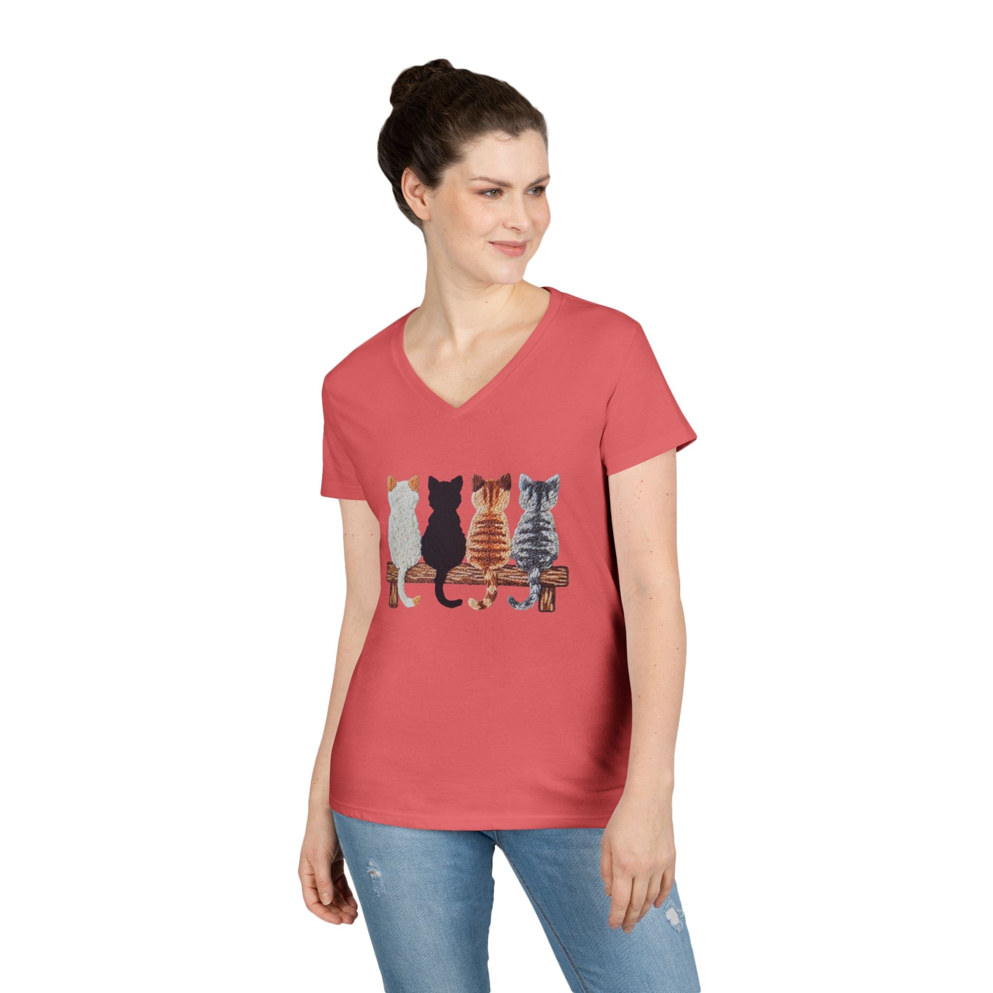 Cute Cats Sitting On A Fence Women’s V-Neck T-Shirt