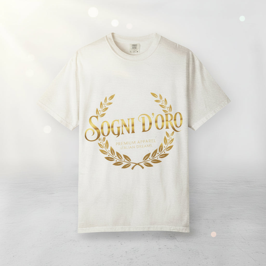 Sogni D'Oro T-shirt with gold laurel wreath graphic and serif logo on garment-dyed cotton tee