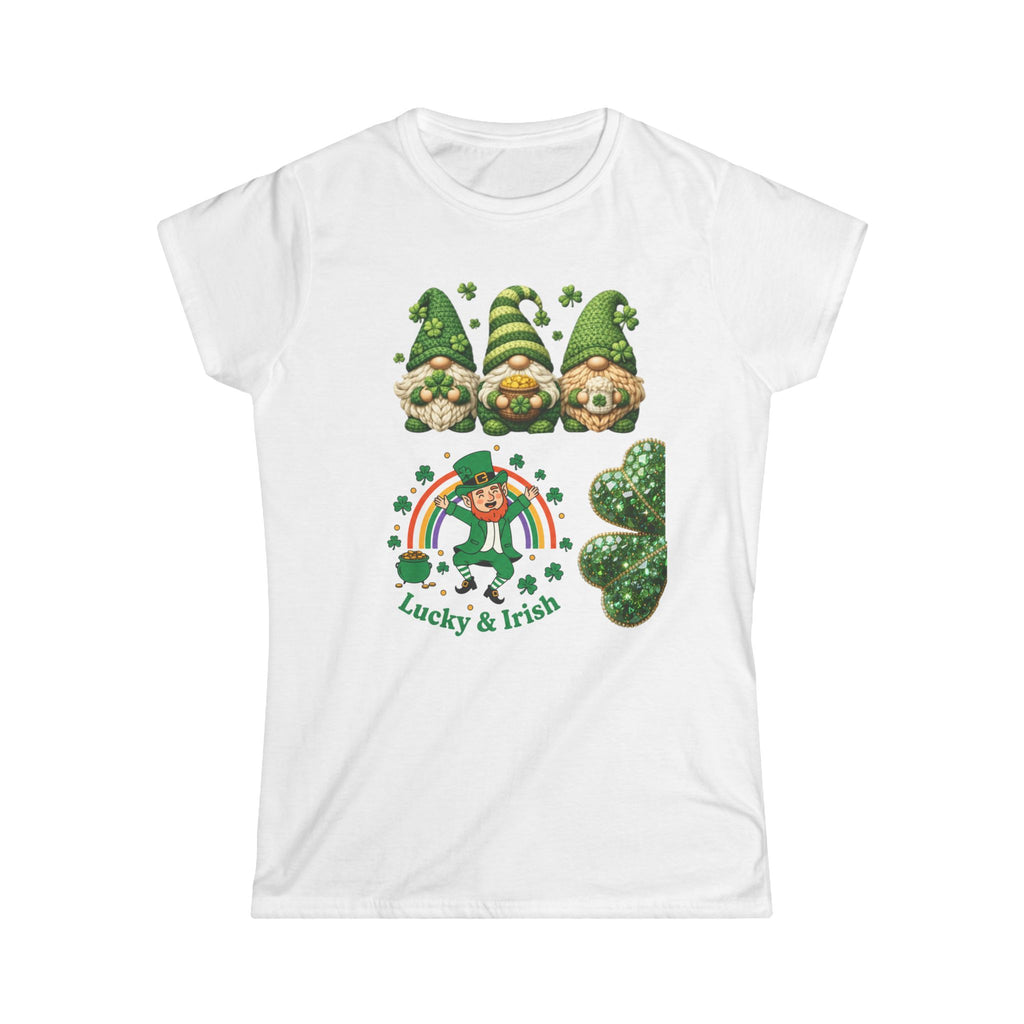 Women's Lucky & Irish St. Patrick's Day tee with gnomes, leprechaun, rainbow, and shamrock graphic
