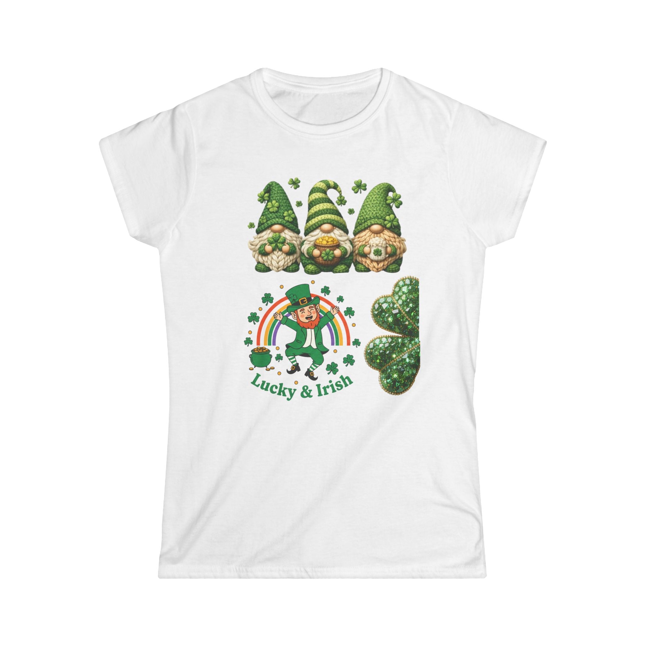 Women's Lucky & Irish St. Patrick's Day tee with gnomes, leprechaun, rainbow, and shamrock graphic