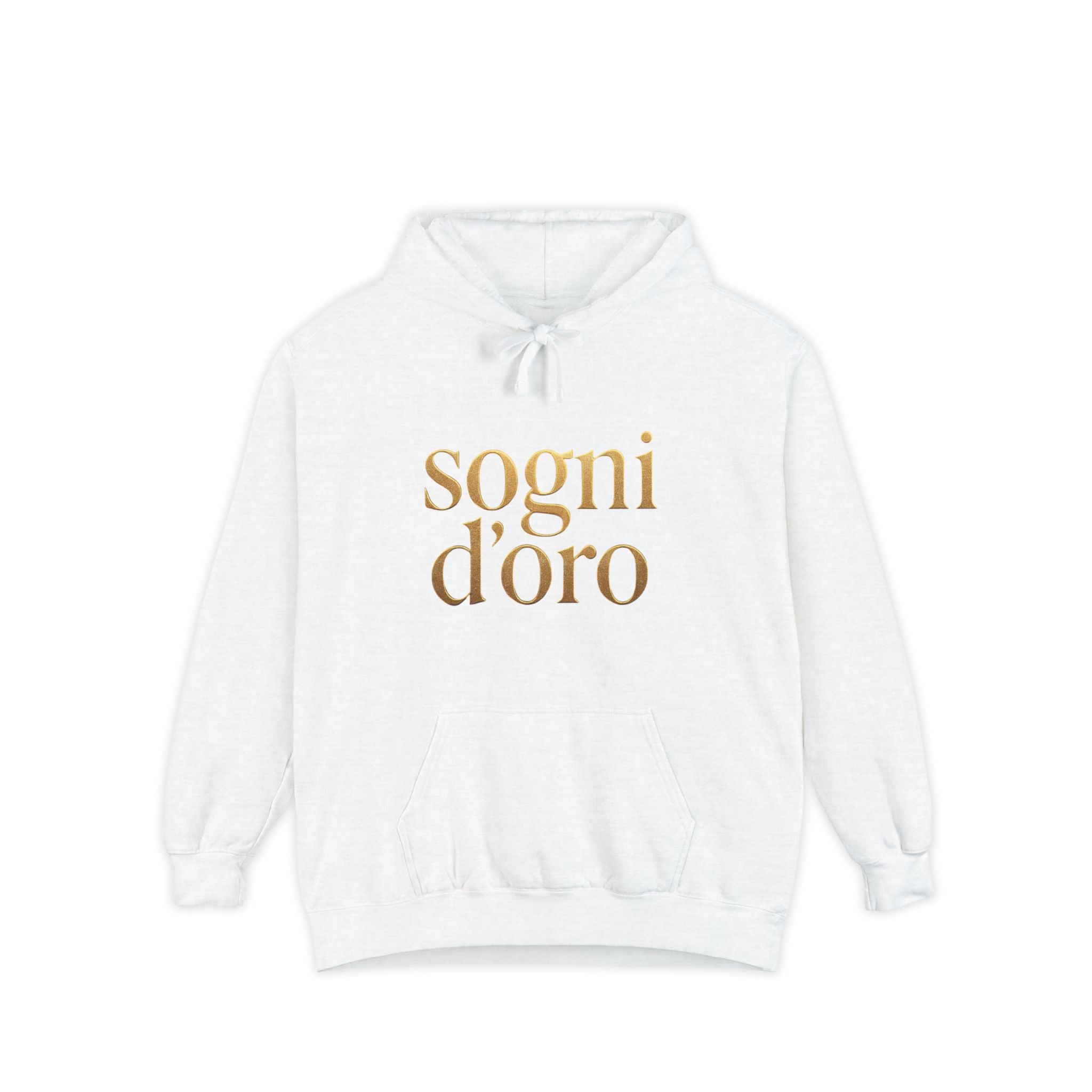 Sogni d'Oro heavyweight black hoodie with small gold-print chest graphic and jersey-lined hood