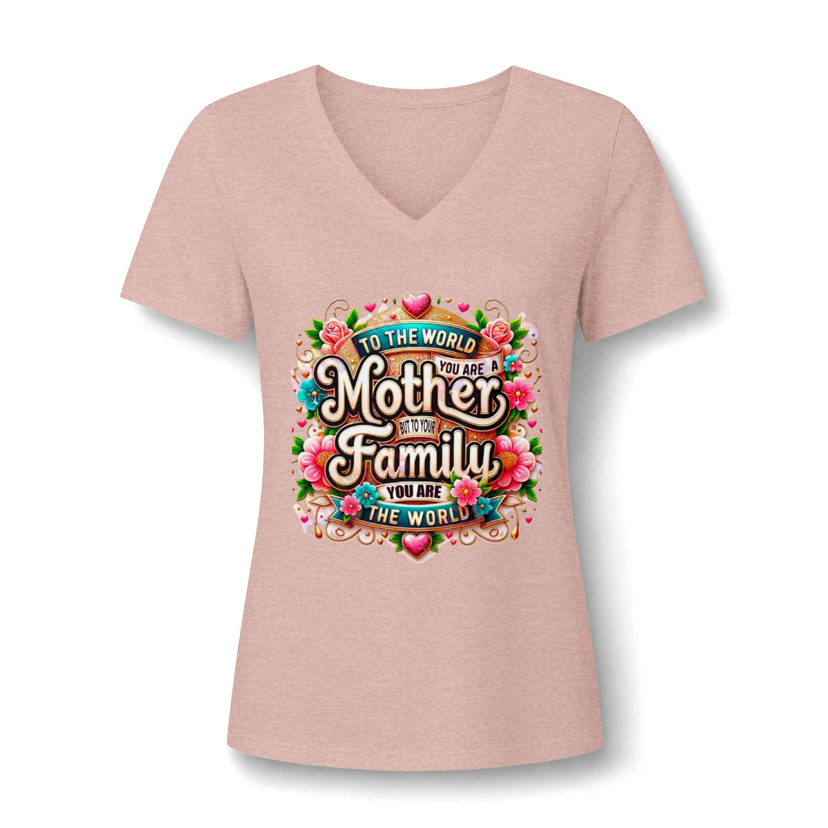 Mother of the Family V-Neck Tee – "To the World You Are a Mother" Floral Gift Shirt