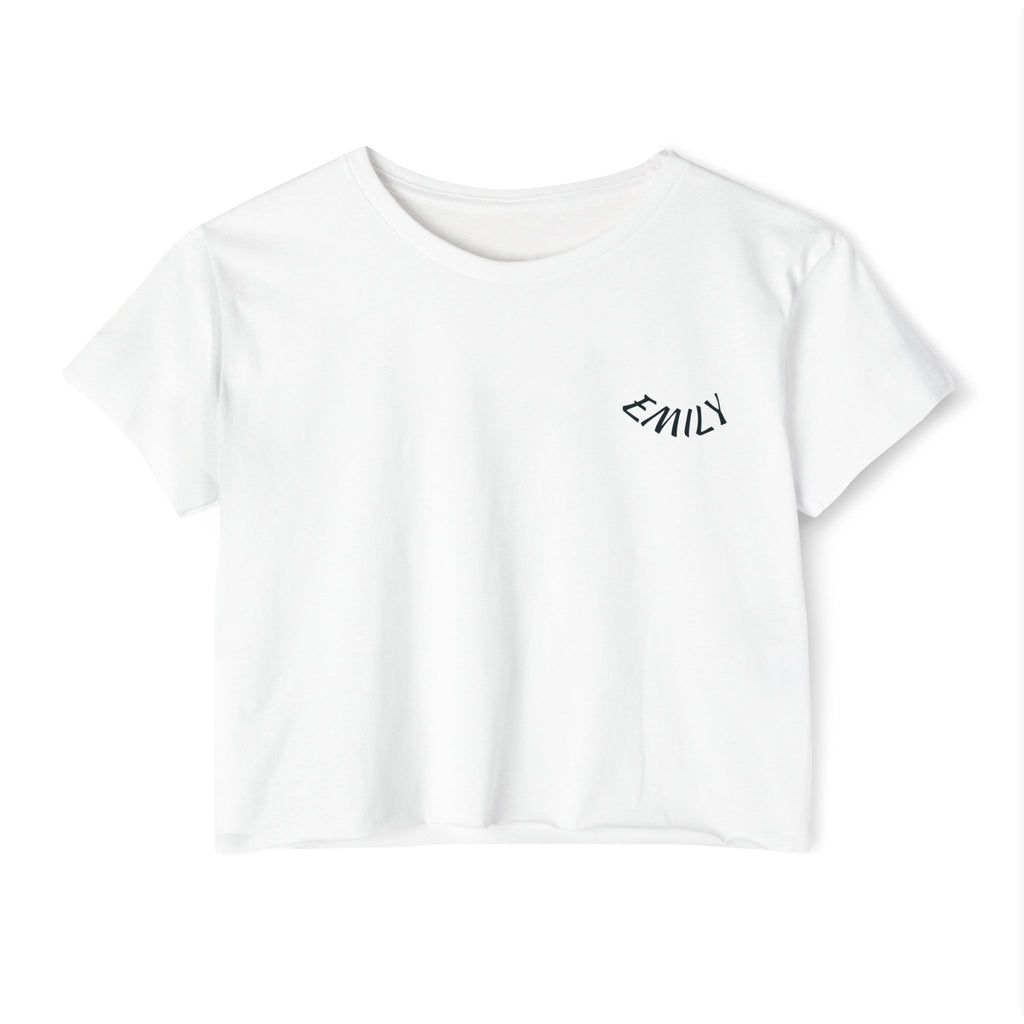 White festival crop top with curved Emily chest text, scoop neckline and raw hems