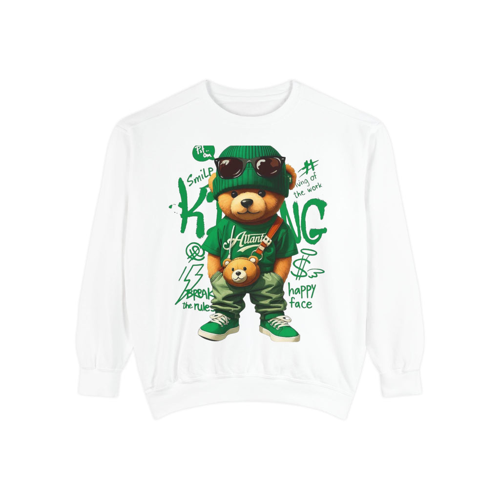 Teddy Crewneck Sweatshirt with green bear graphic, sunglasses, relaxed unisex fit and ribbed cuffs