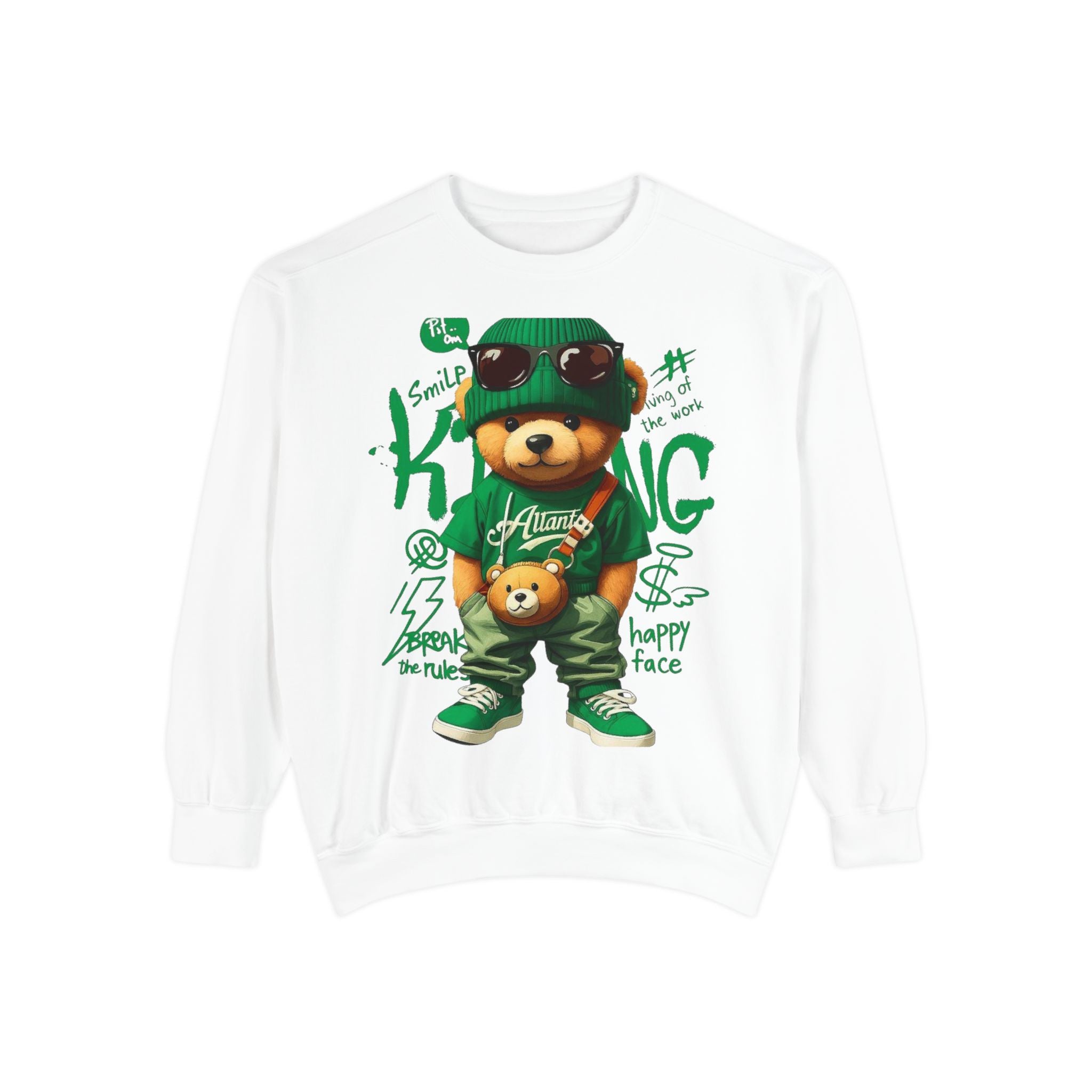 Teddy Crewneck Sweatshirt with green bear graphic, sunglasses, relaxed unisex fit and ribbed cuffs