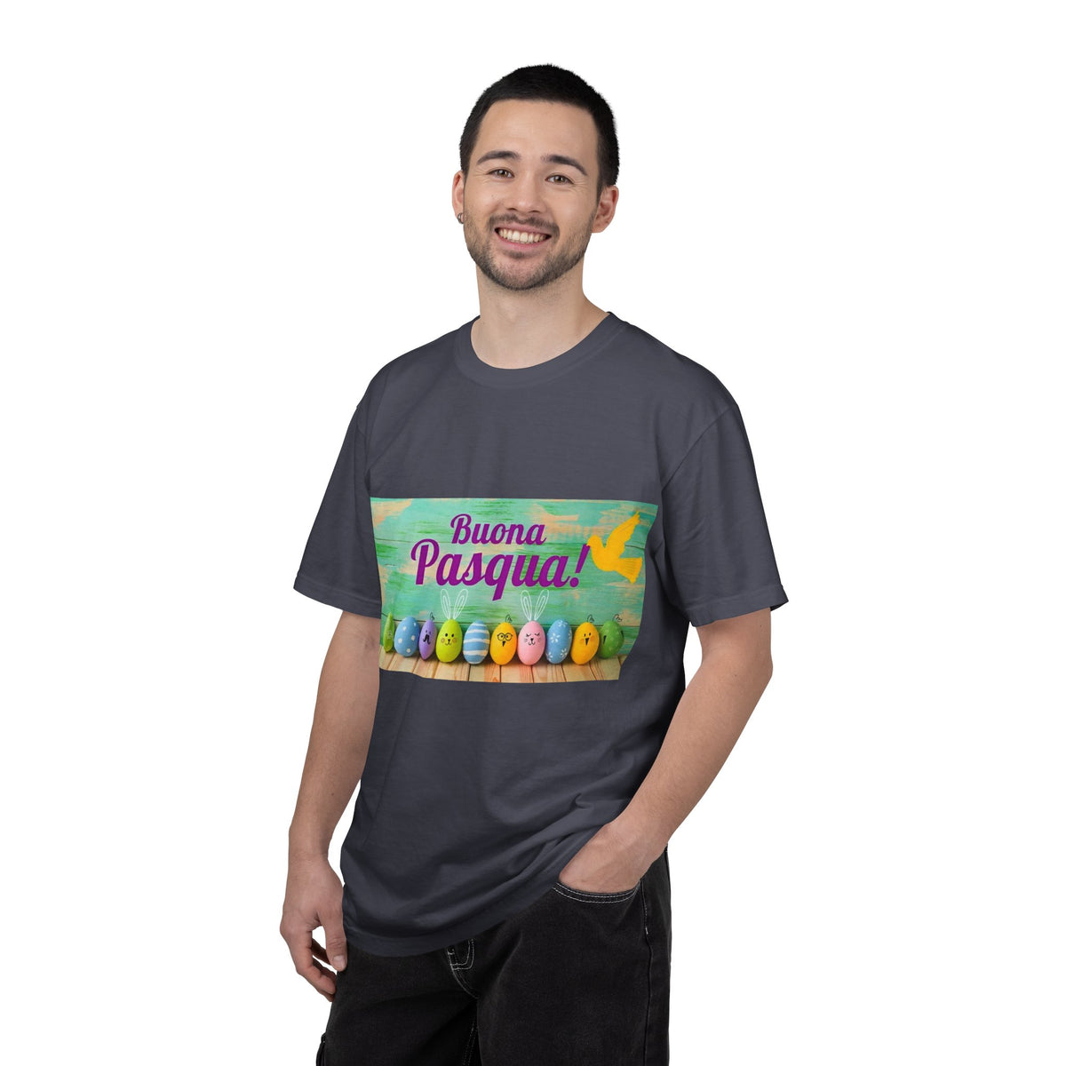 Easter T-Shirt — "Buona Pasqua" Colorful Bunny Eggs Graphic