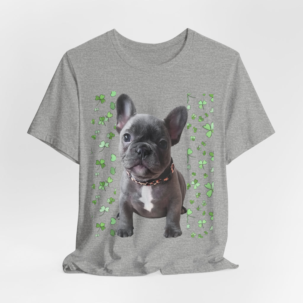 French Bulldog Tee — Cute Puppy with Shamrock Background