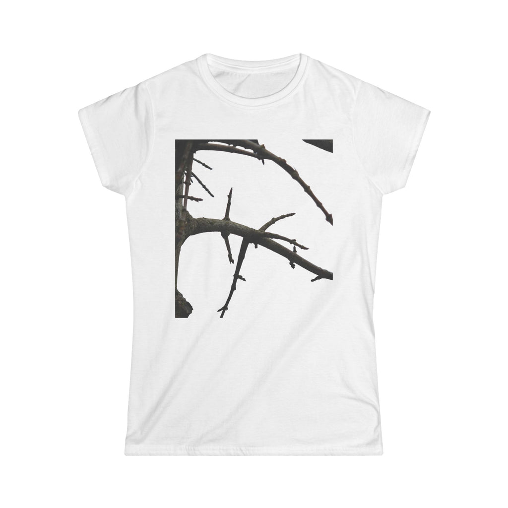 Women's tee with minimalist black thorn branch graphic in black and white, semi-fitted soft cotton T-shirt