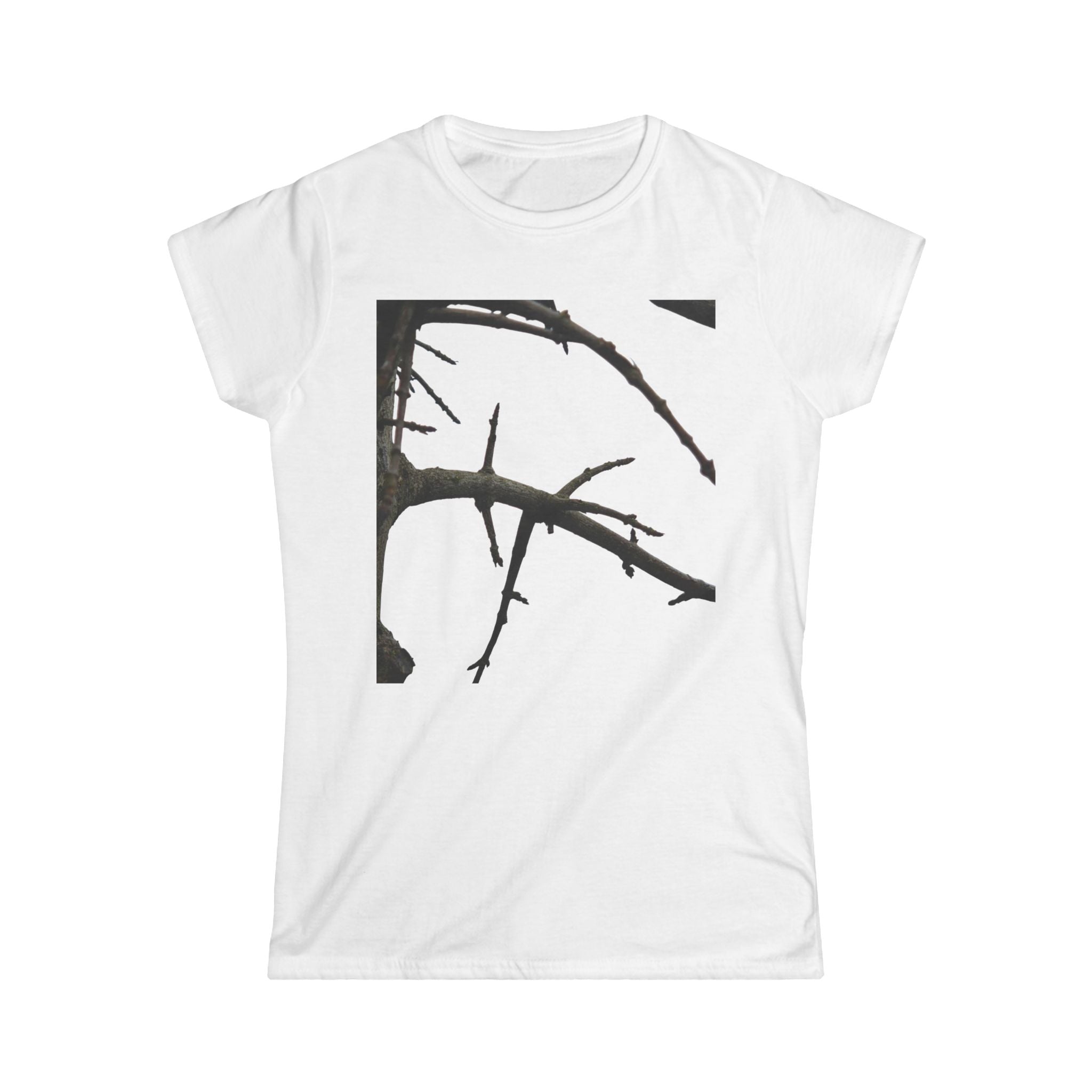 Women's tee with minimalist black thorn branch graphic in black and white, semi-fitted soft cotton T-shirt