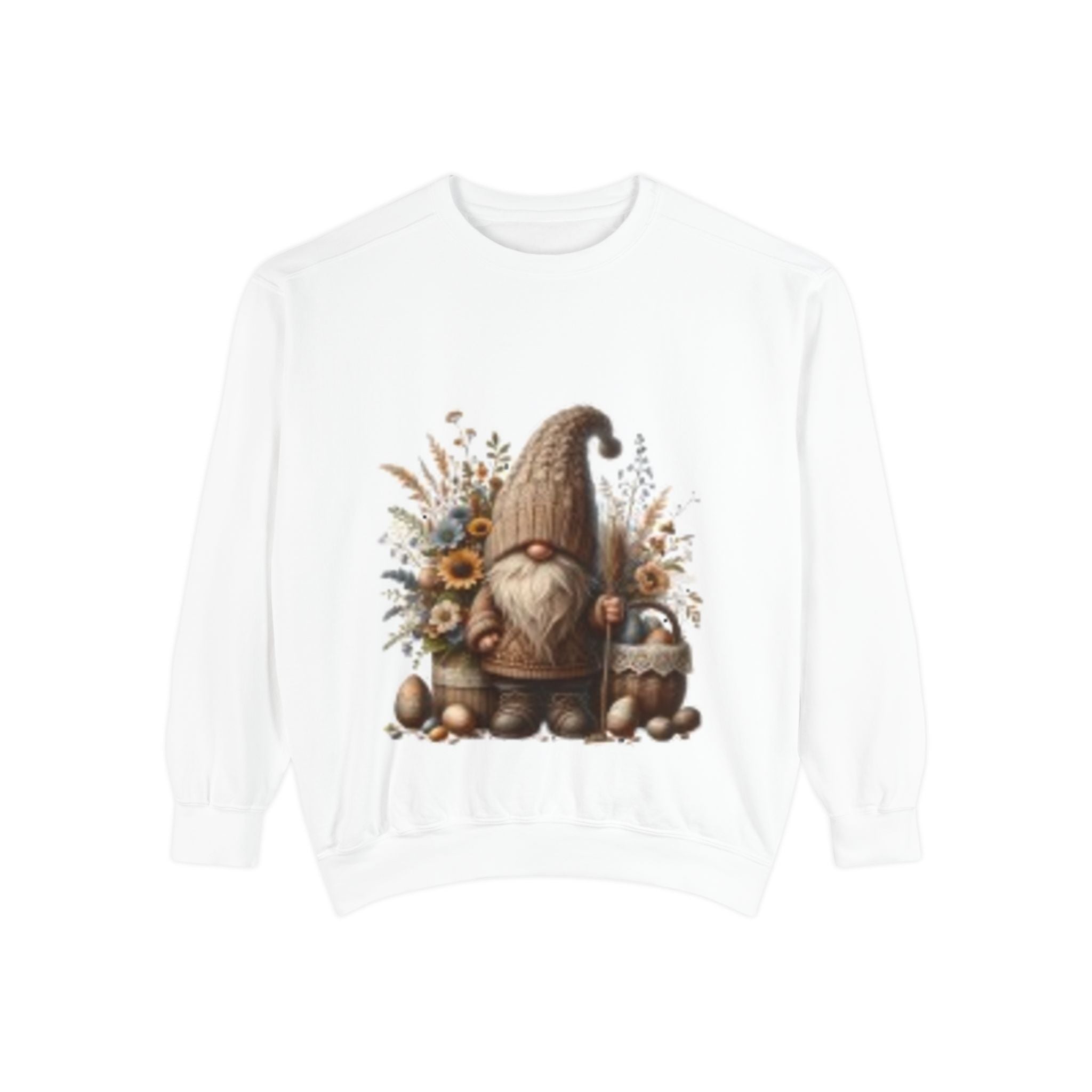 Unisex garment-dyed sweatshirt with crew neck, relaxed fit, rolled-forward shoulders, and premium cotton fleece