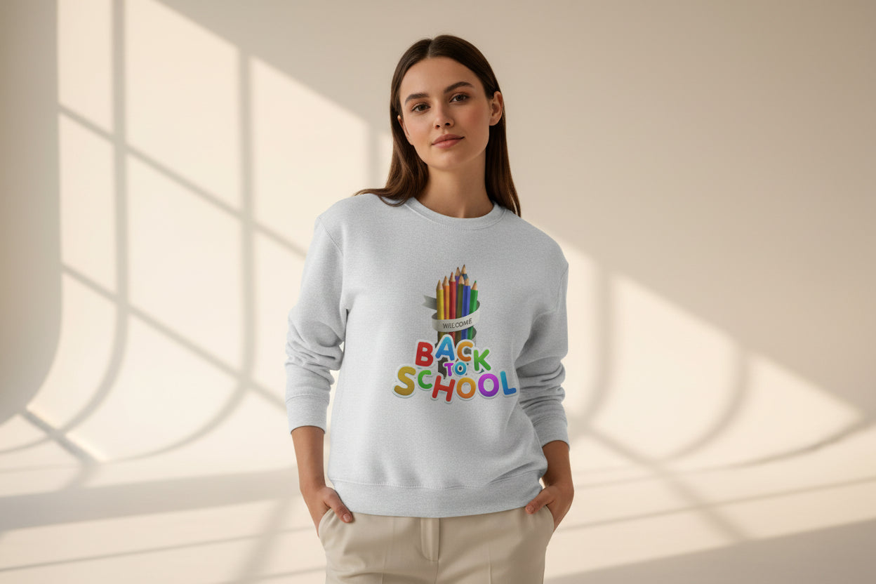 Back to School fleece sweatshirt with colorful pencil graphic, unisex crewneck for students and teachers
