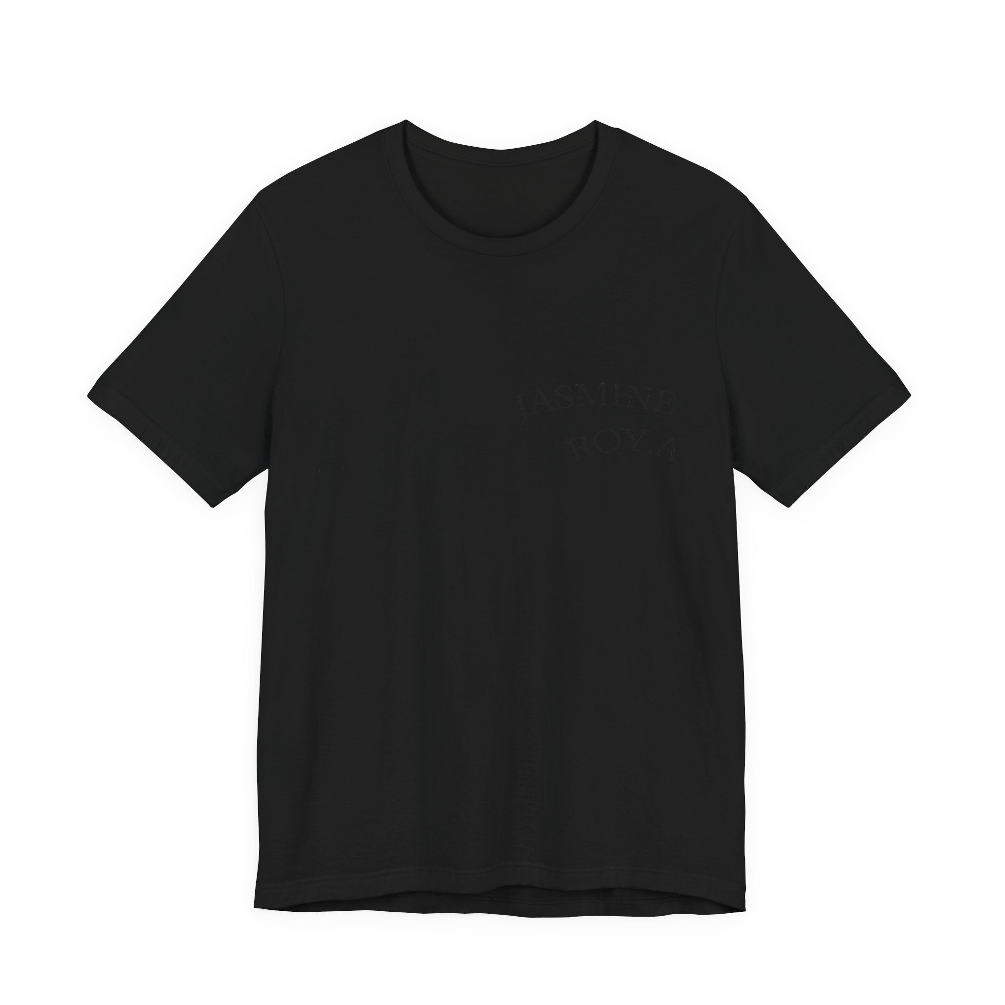 Black cotton tee with small Jasmine Royal chest print - minimalist design

