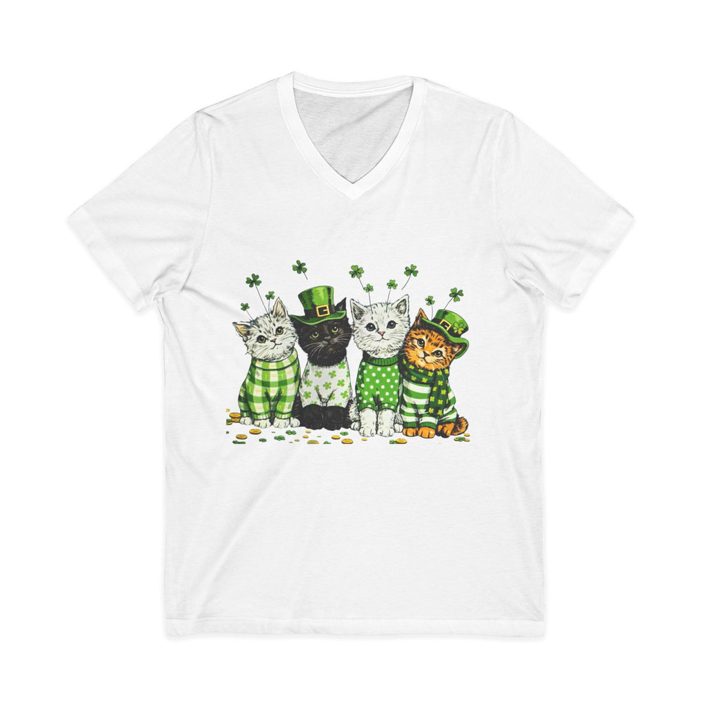 St. Patrick’s Day Cats V-Neck Tee with four green-dressed cats, shamrocks, plaid accents, and a flattering V-neck fit