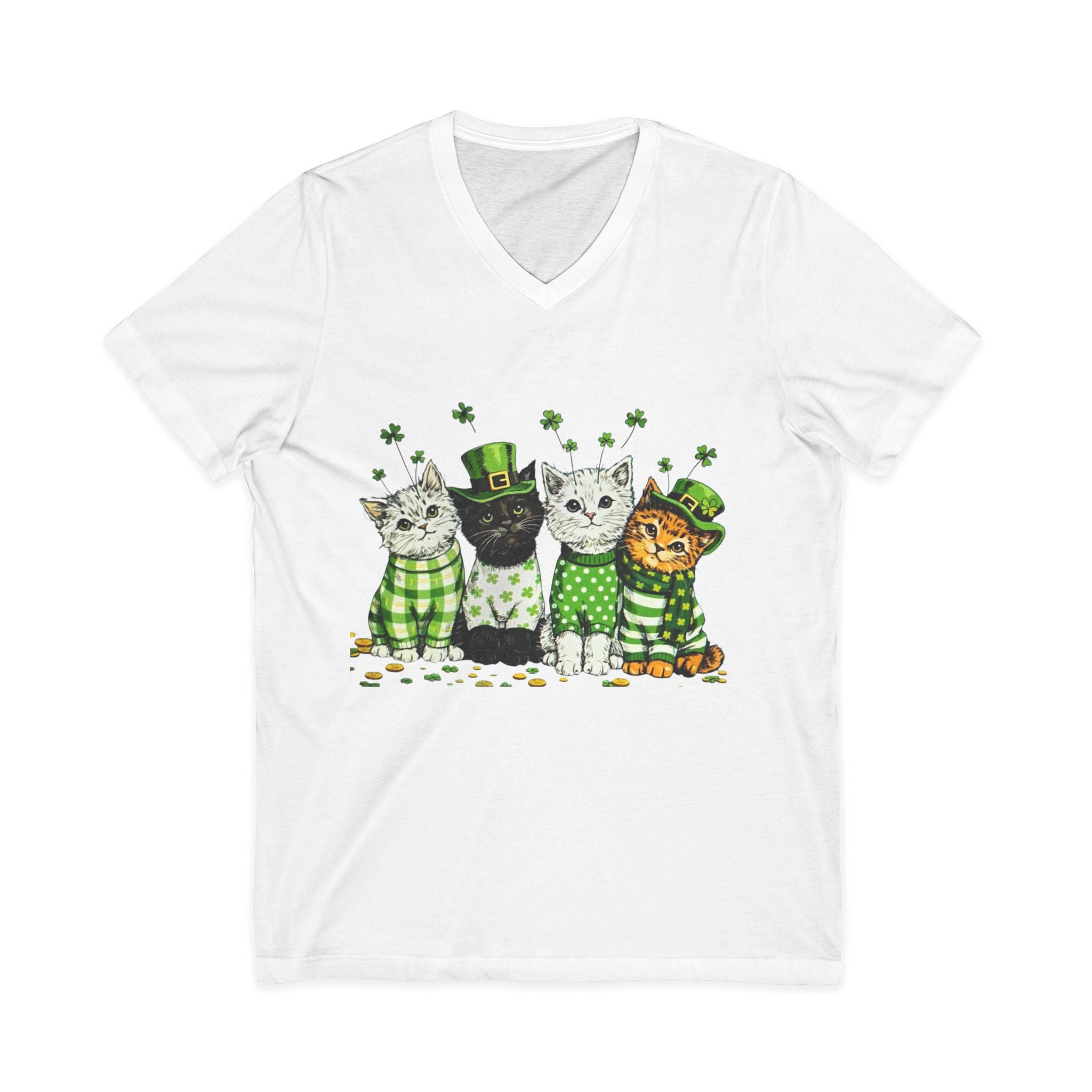 St. Patrick’s Day Cats V-Neck Tee with four green-dressed cats, shamrocks, plaid accents, and a flattering V-neck fit