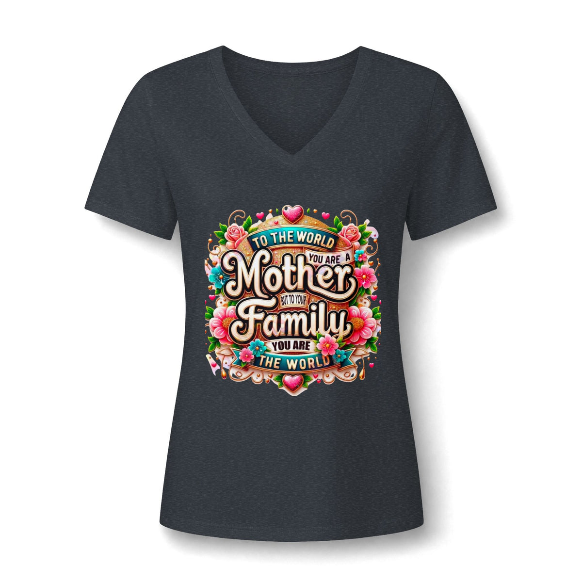 Mother of the Family V-Neck Tee – "To the World You Are a Mother" Floral Gift Shirt