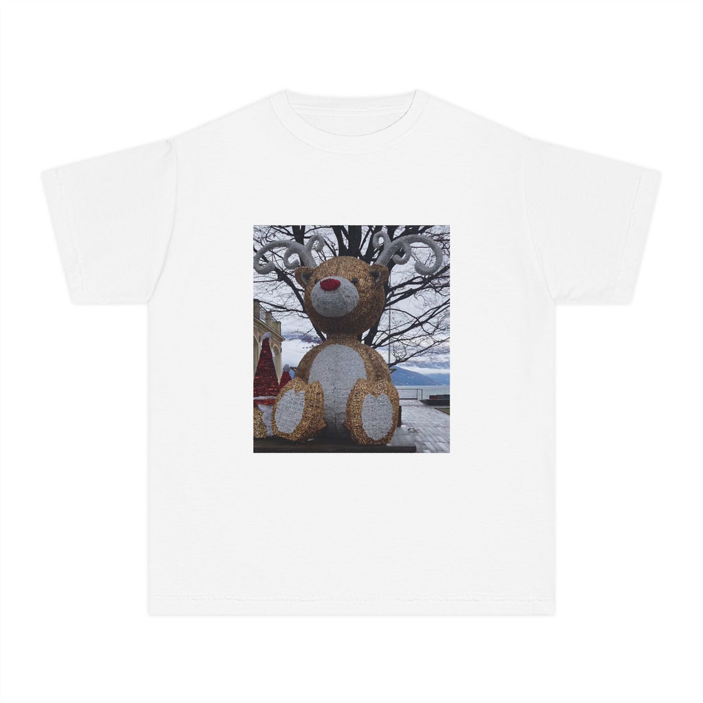 Kids Holiday Reindeer Tee with giant straw reindeer photo graphic on garment-dyed cotton youth shirt