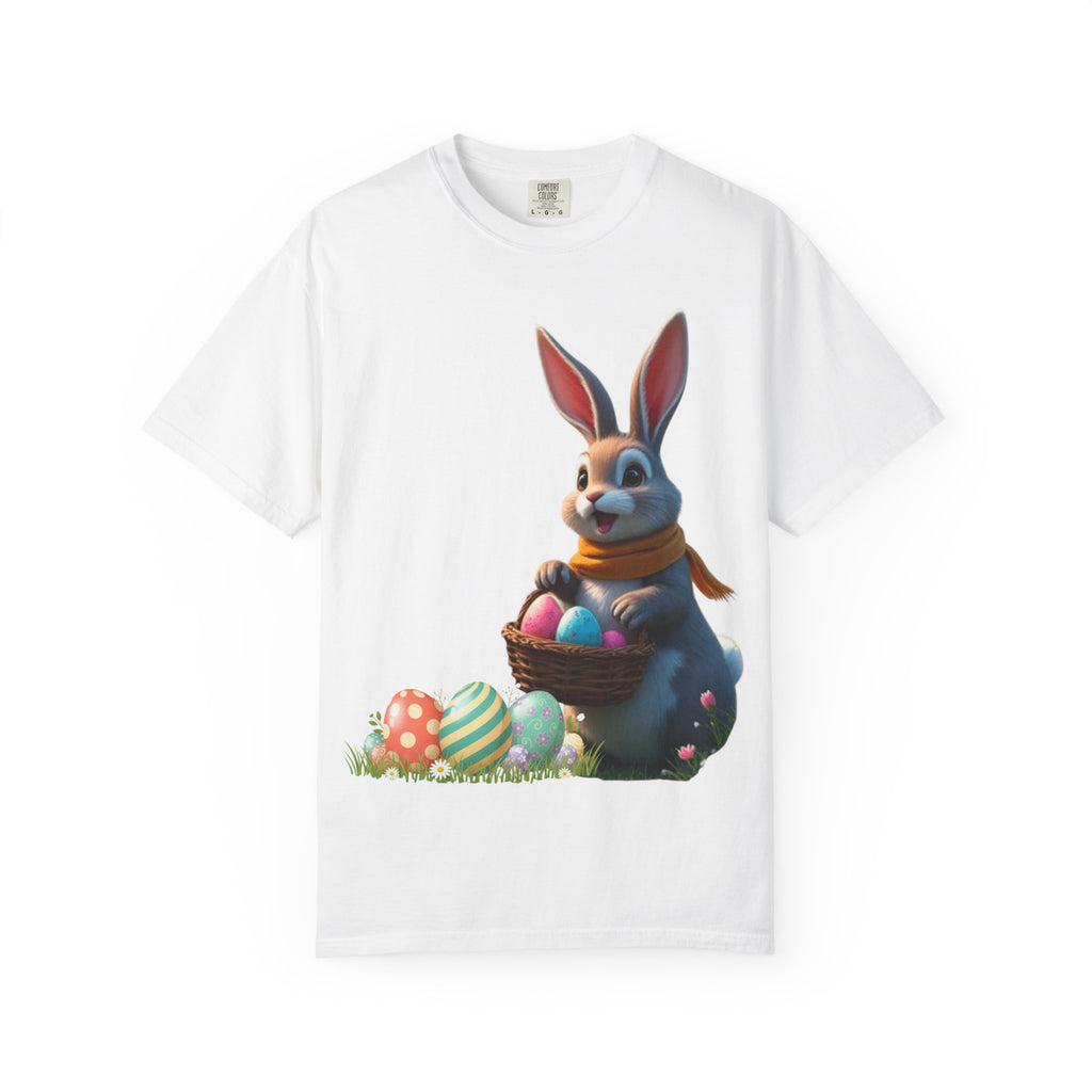 Easter Bunny T-Shirt with bunny holding a basket of colorful Easter eggs on a garment-dyed cotton tee