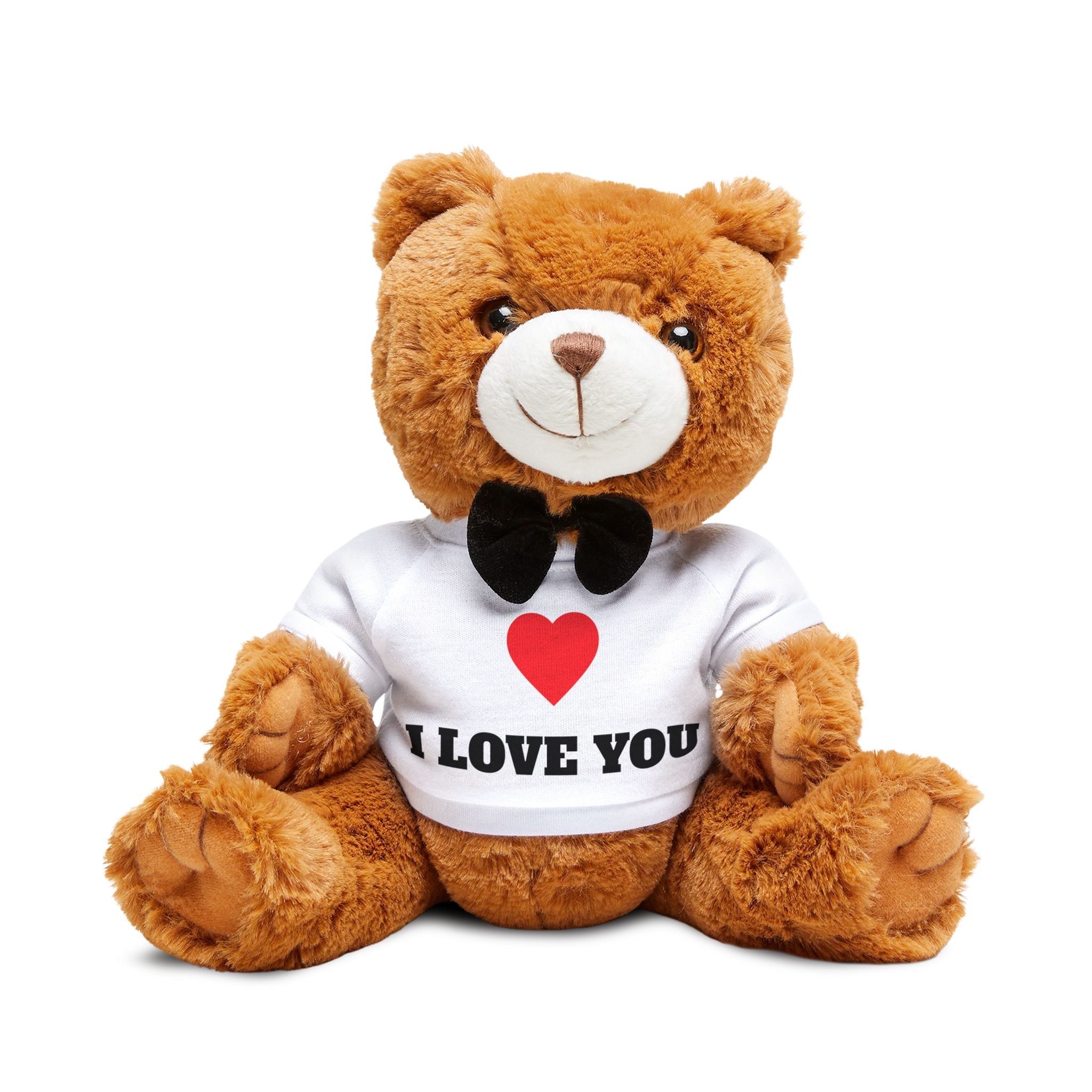 I Love You teddy bear plush with light-brown fur, white removable T-shirt, stitched paws, black bow tie, 7 x 10 in