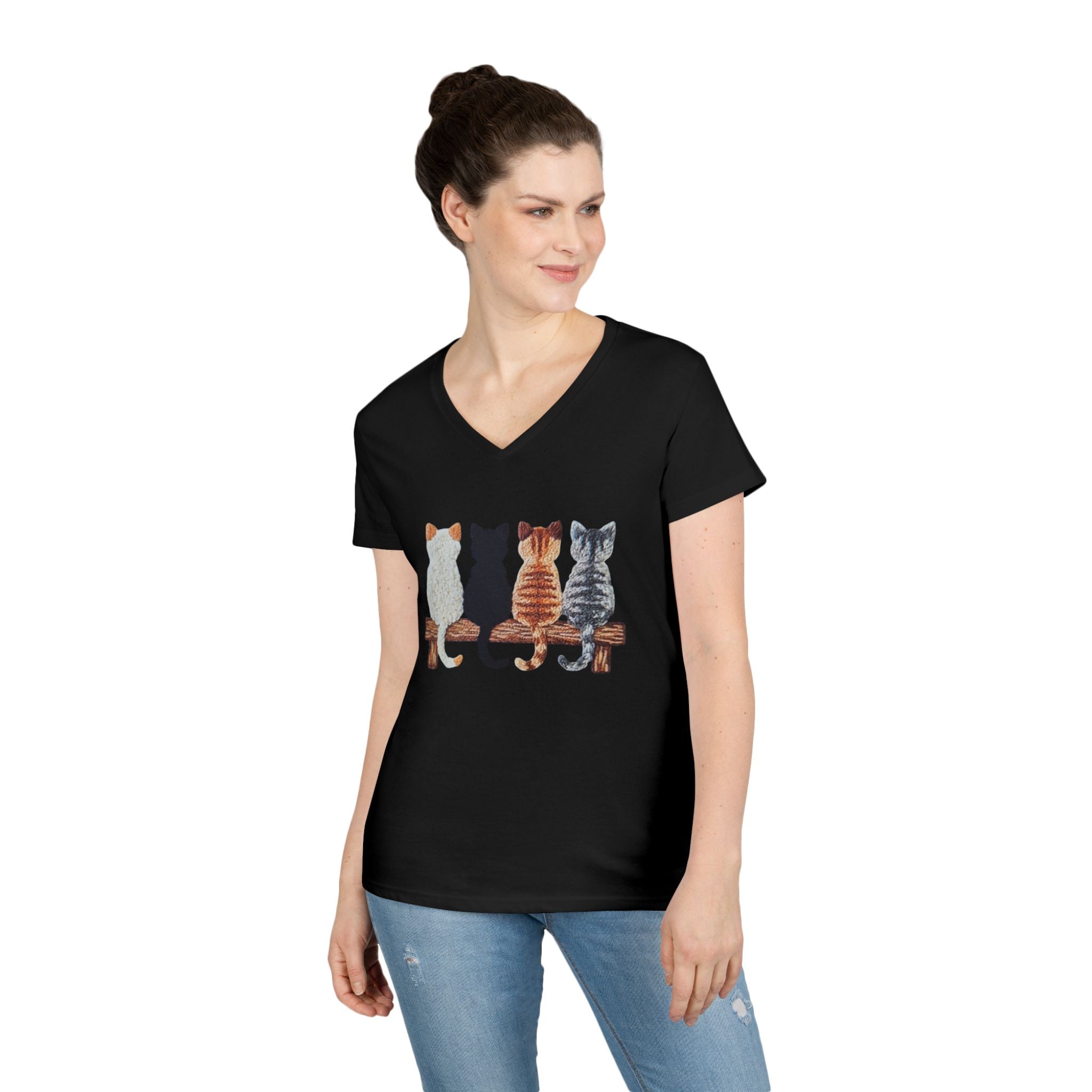 Cute Cats Sitting On A Fence Women’s V-Neck T-Shirt