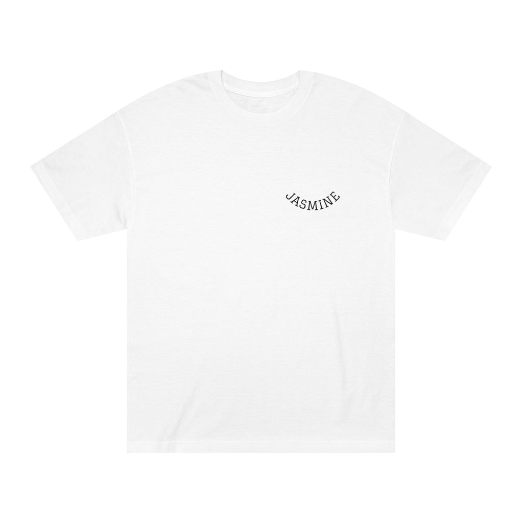 Yahsin Jasmine Tee white T-shirt with small arched chest logo, classic unisex fit, midweight cotton