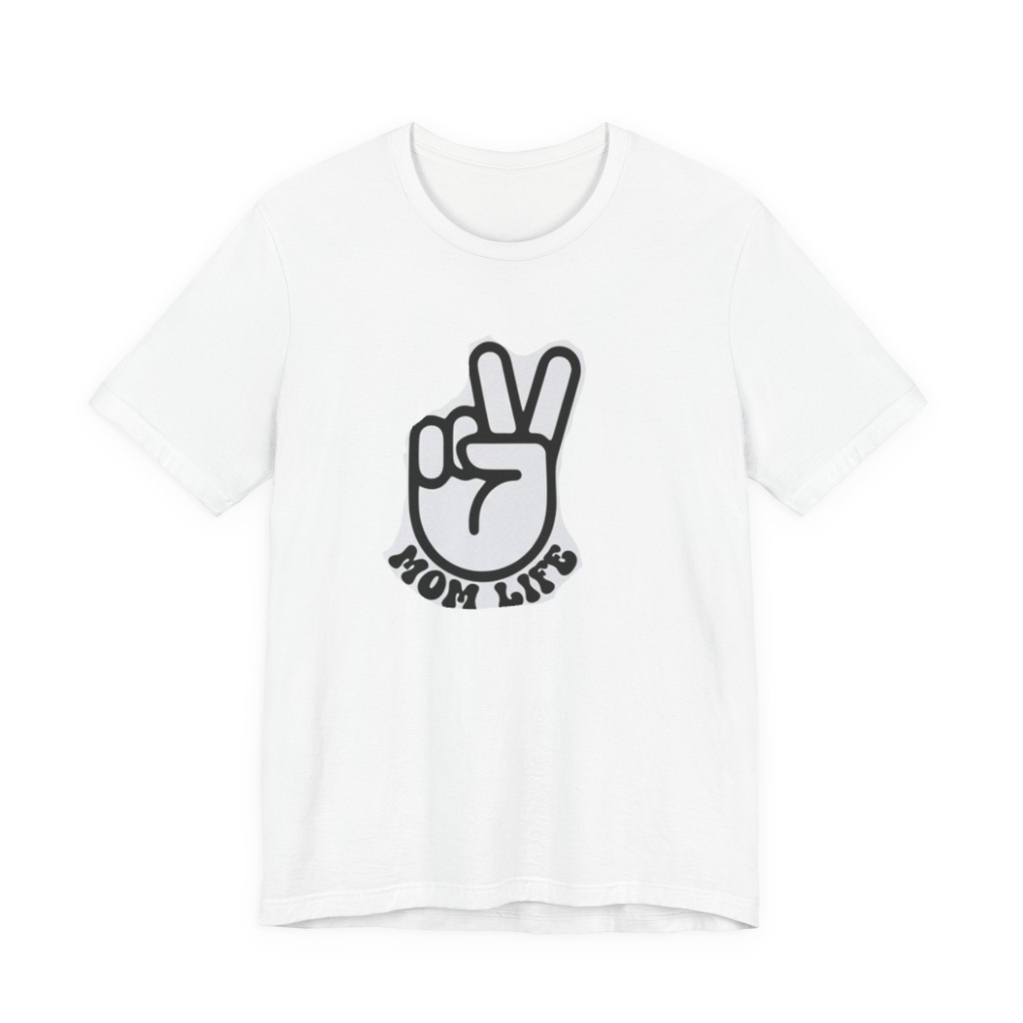 Mom Life Peace Sign T-Shirt with graphic peace sign design on a casual white unisex tee for moms