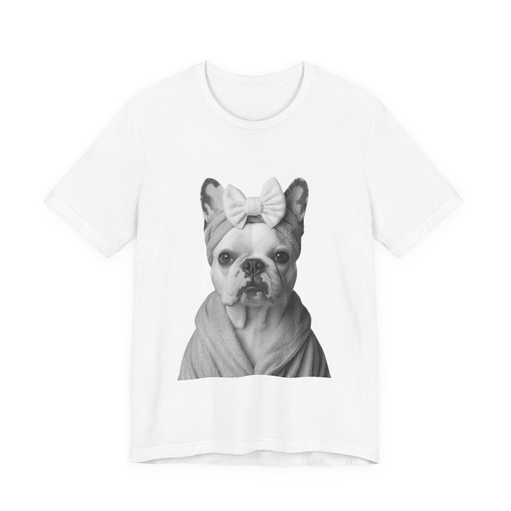French Bulldog Portrait Tee with black-and-white dog graphic and bow headband on a soft cotton crew neck T-shirt