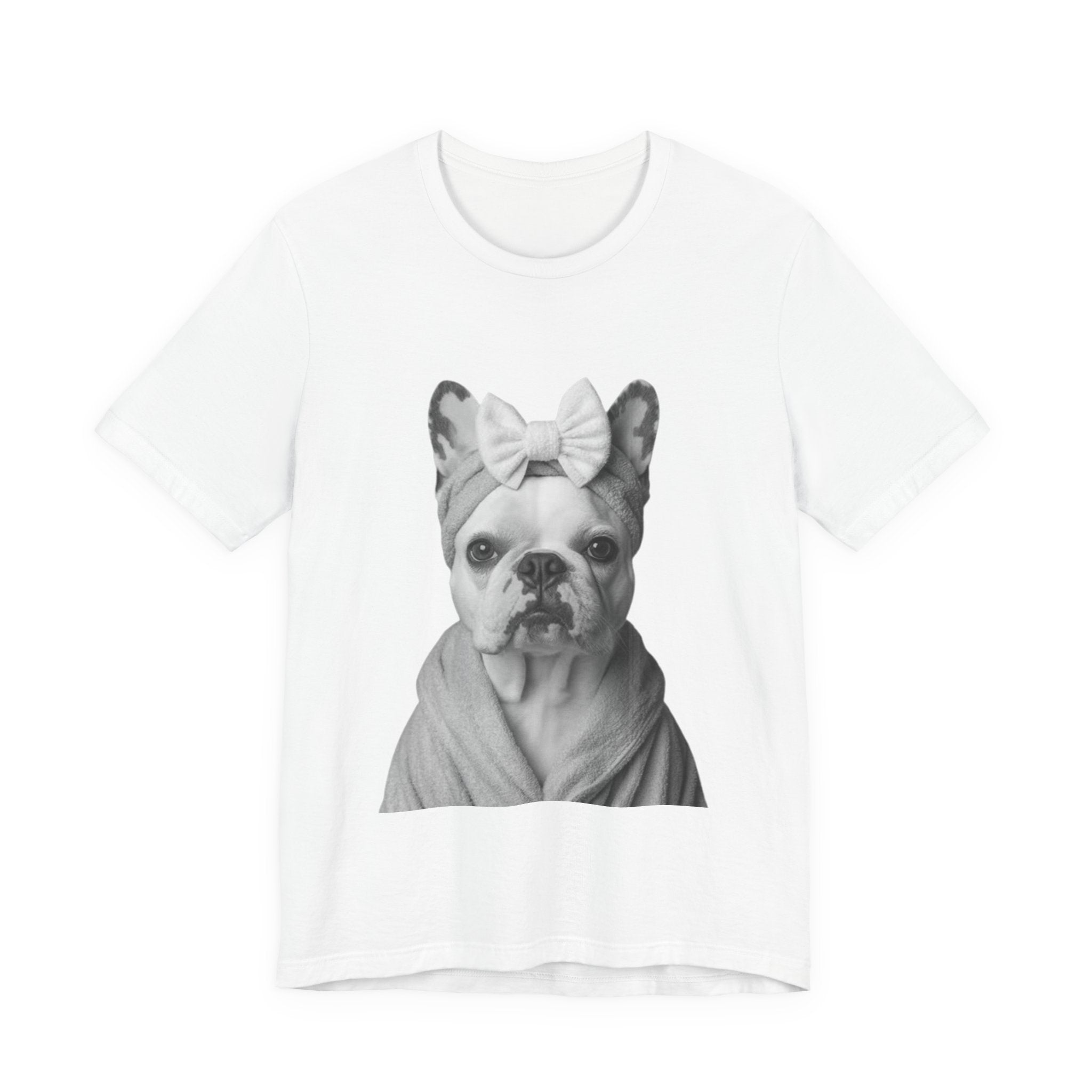 French Bulldog Portrait Tee with black-and-white dog graphic and bow headband on a soft cotton crew neck T-shirt
