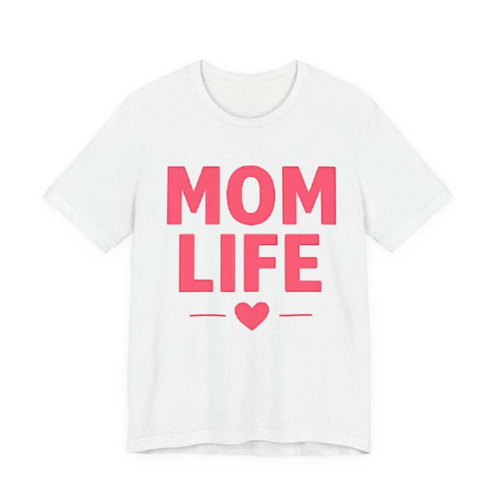 Mom Life T-Shirt with bold lettering and pink heart accent on a soft cotton crew neck tee