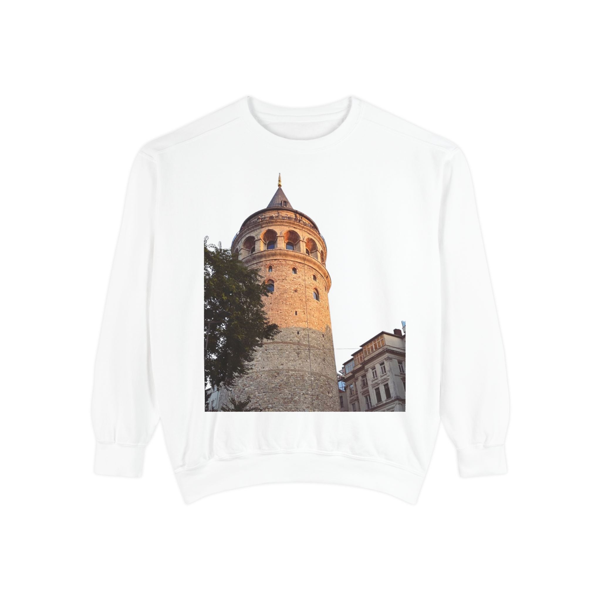 Unisex garment-dyed sweatshirt with relaxed fit, rolled-forward shoulders, and premium cotton fleece