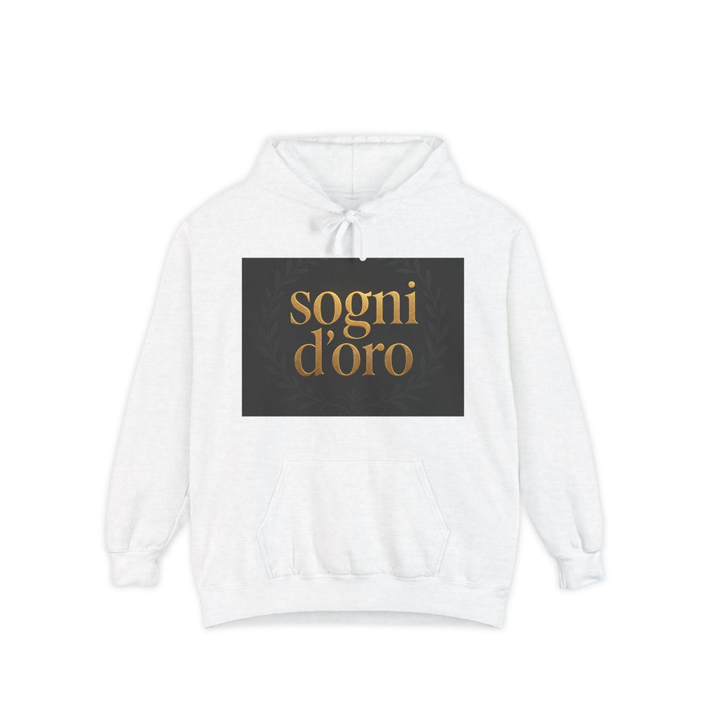 Sogni d'Oro heavyweight black hoodie with gold chest print, relaxed fit, jersey-lined hood, and flat drawcords