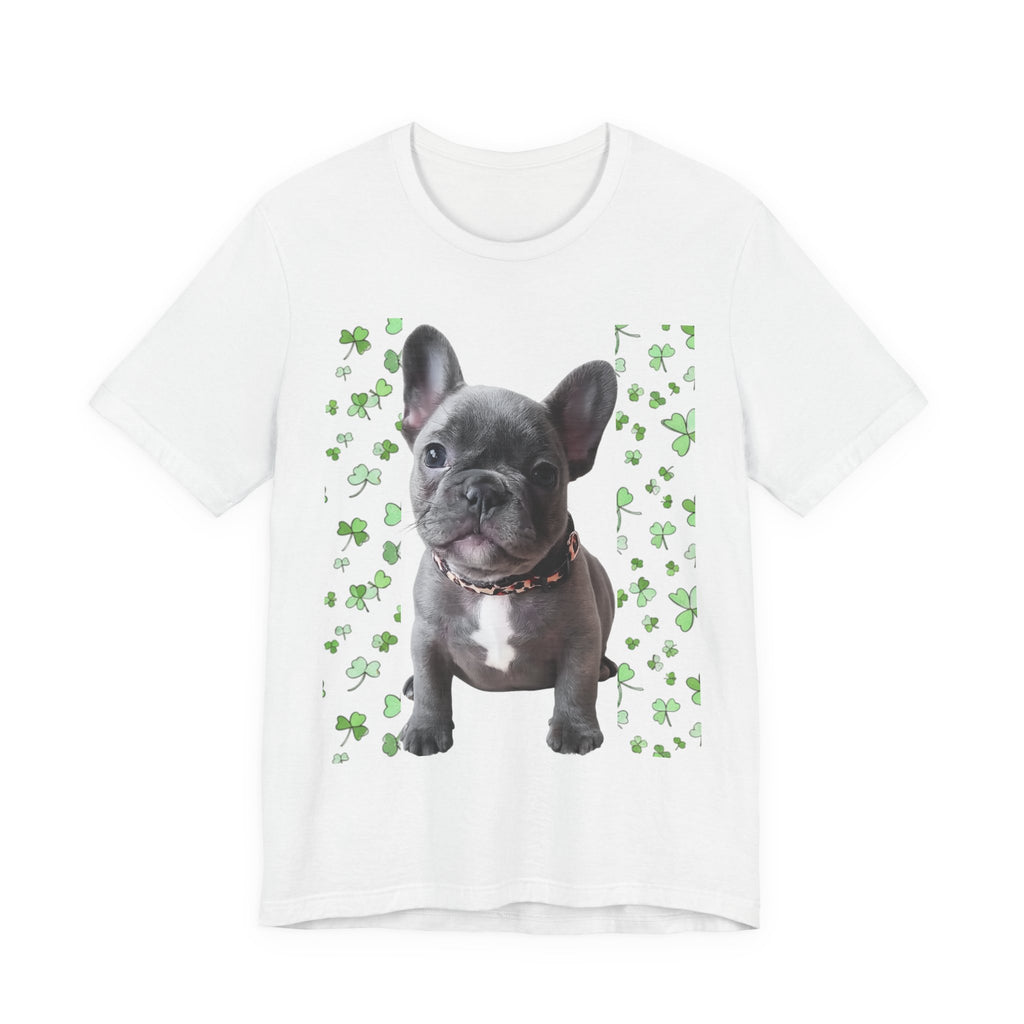 French Bulldog Tee with seated puppy graphic and green shamrock background on a soft cotton crew neck T-shirt