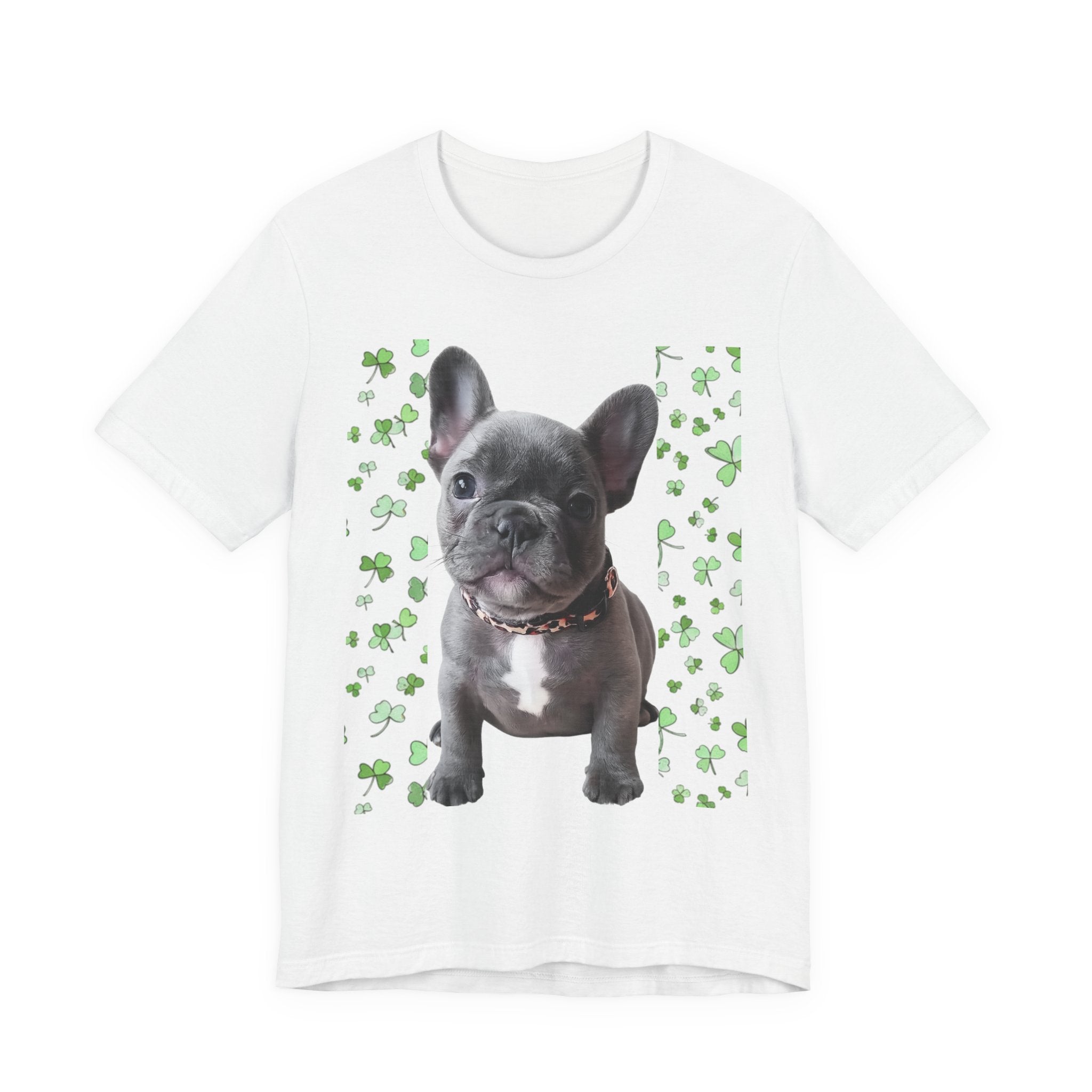 French Bulldog Tee with seated puppy graphic and green shamrock background on a soft cotton crew neck T-shirt