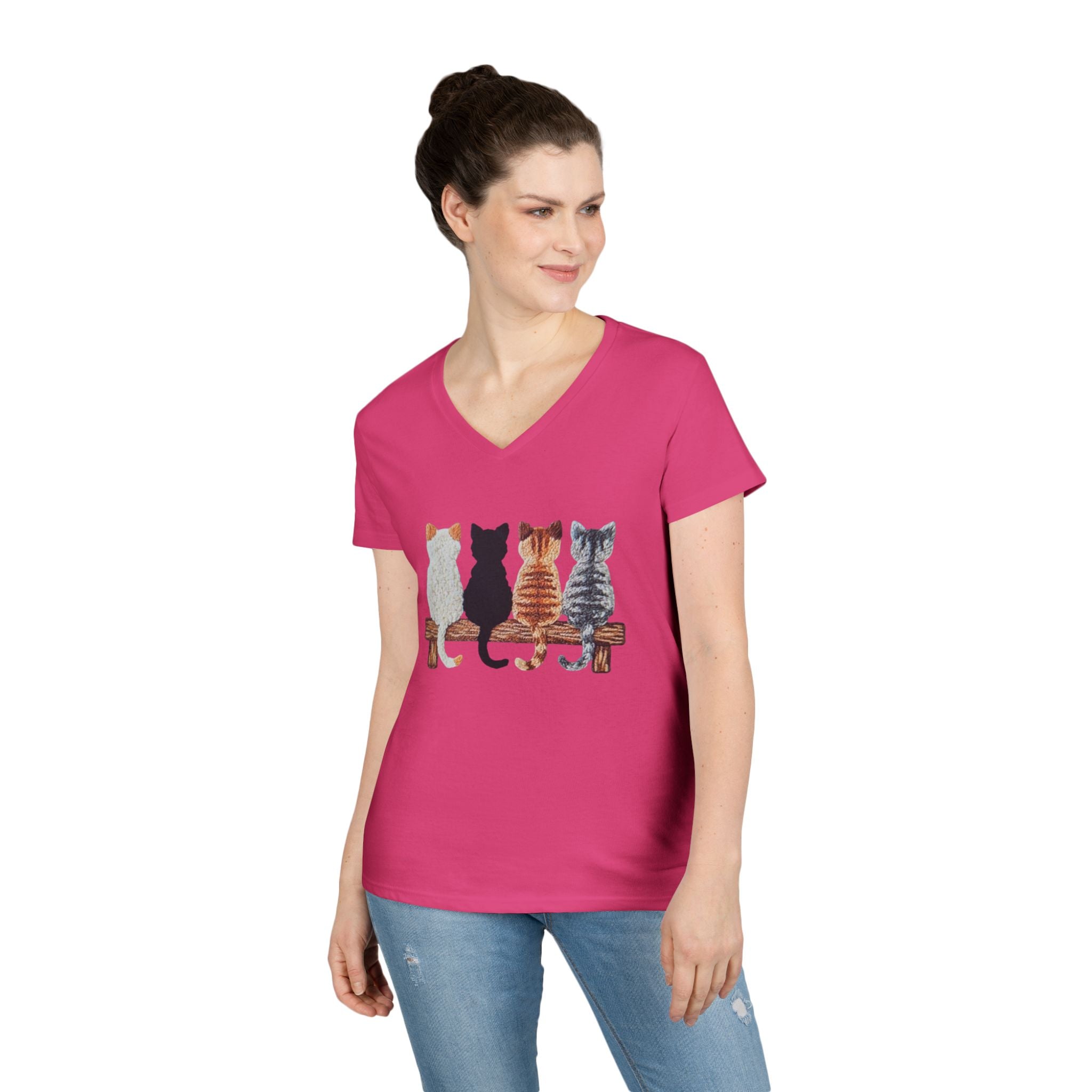 Cute Cats Sitting On A Fence Women’s V-Neck T-Shirt