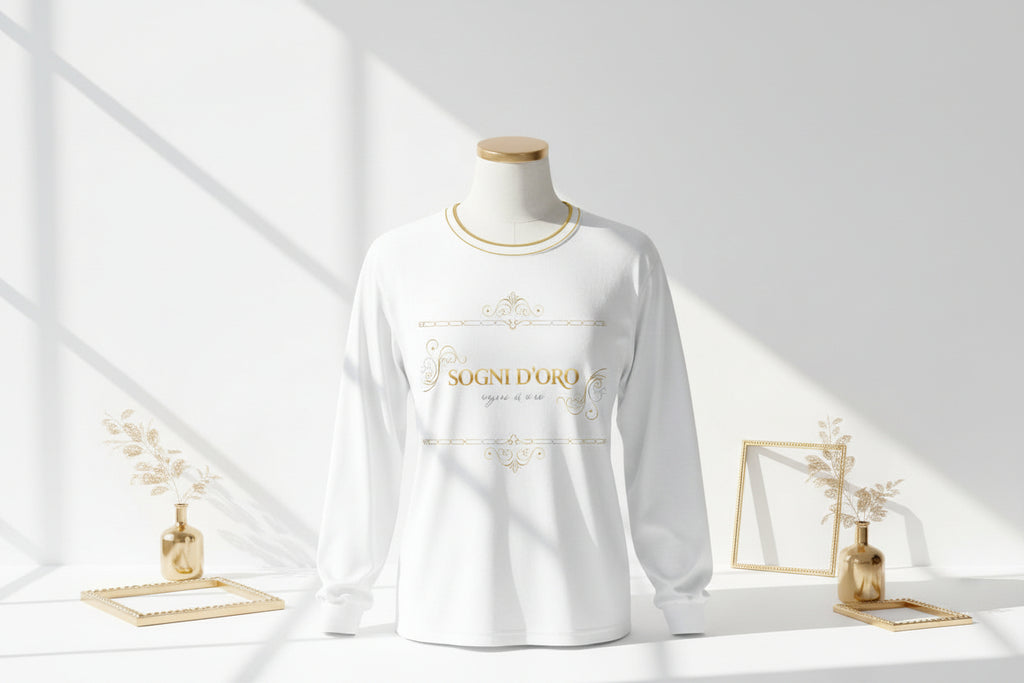 Sogni d'Oro long-sleeve white cotton tee with gold script lettering and relaxed unisex fit