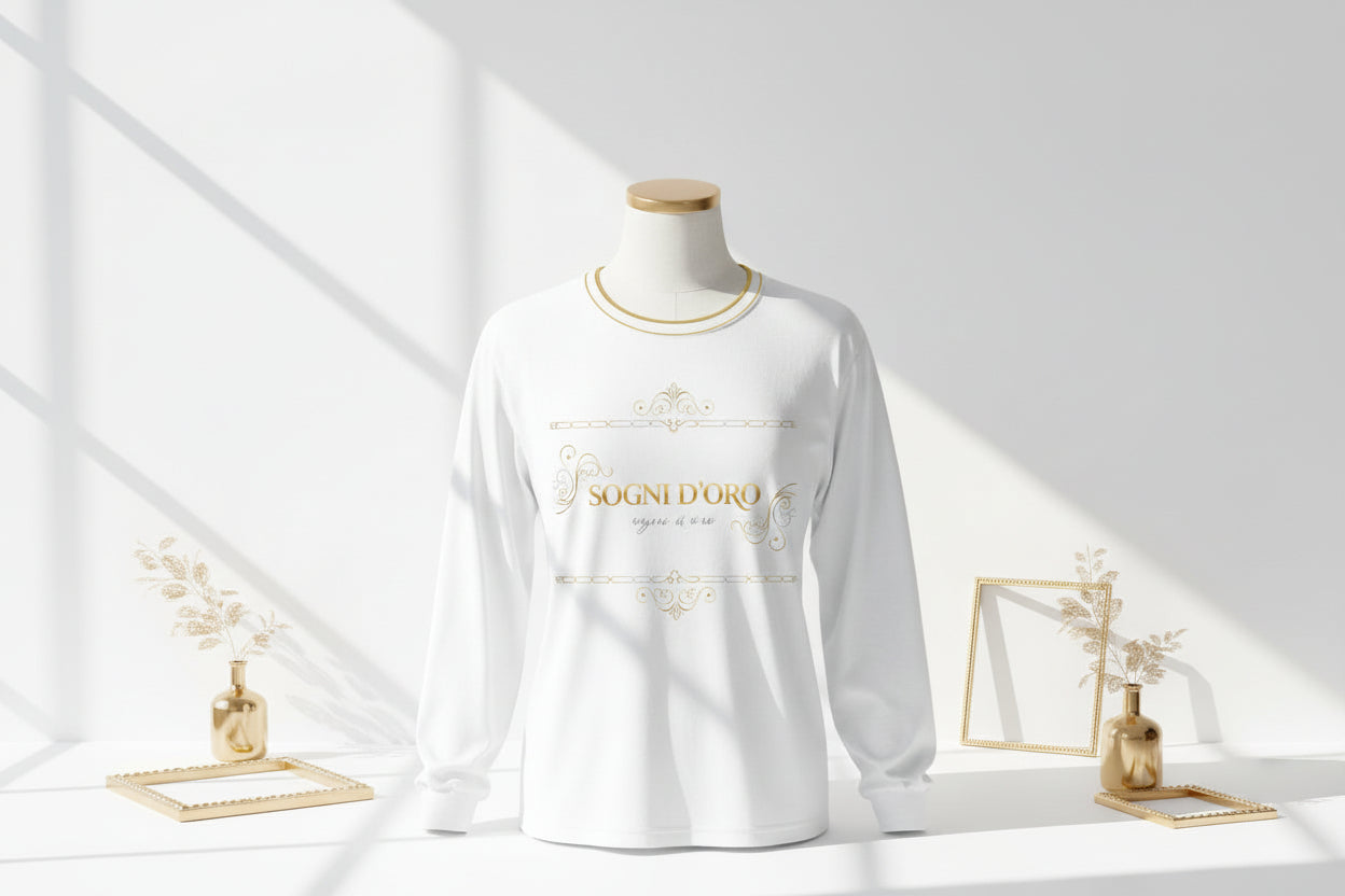 Sogni d'Oro long-sleeve white cotton tee with gold script lettering and relaxed unisex fit