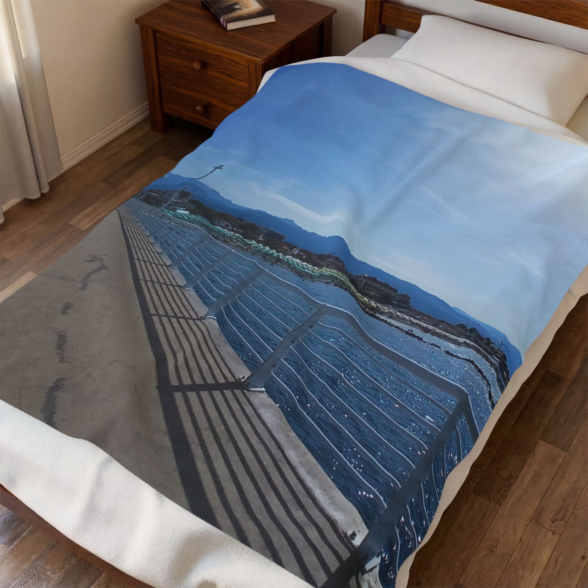 Ocean Pier Photo Velveteen Plush Blanket - Scenic Seaside Throw
