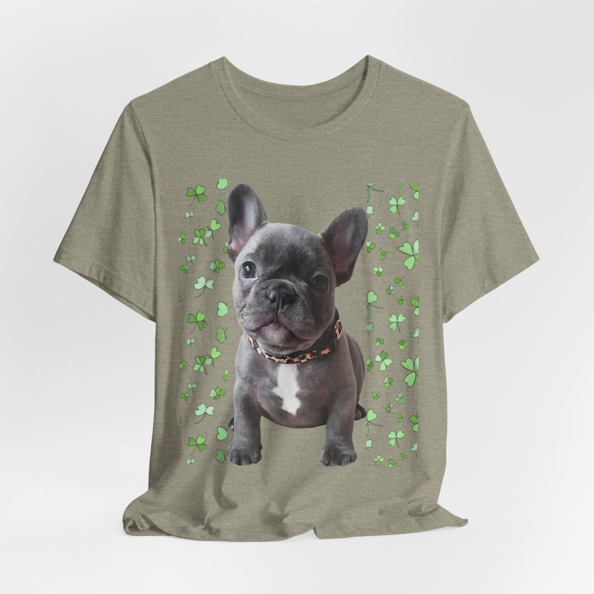 French Bulldog Tee — Cute Puppy with Shamrock Background